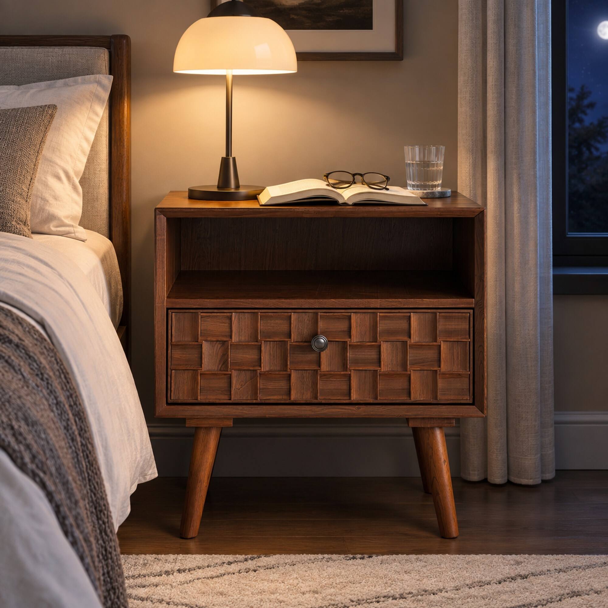 RYHNUYNE 22 in Mid Century Modern Wood Nightstand, Carved Geometric ...