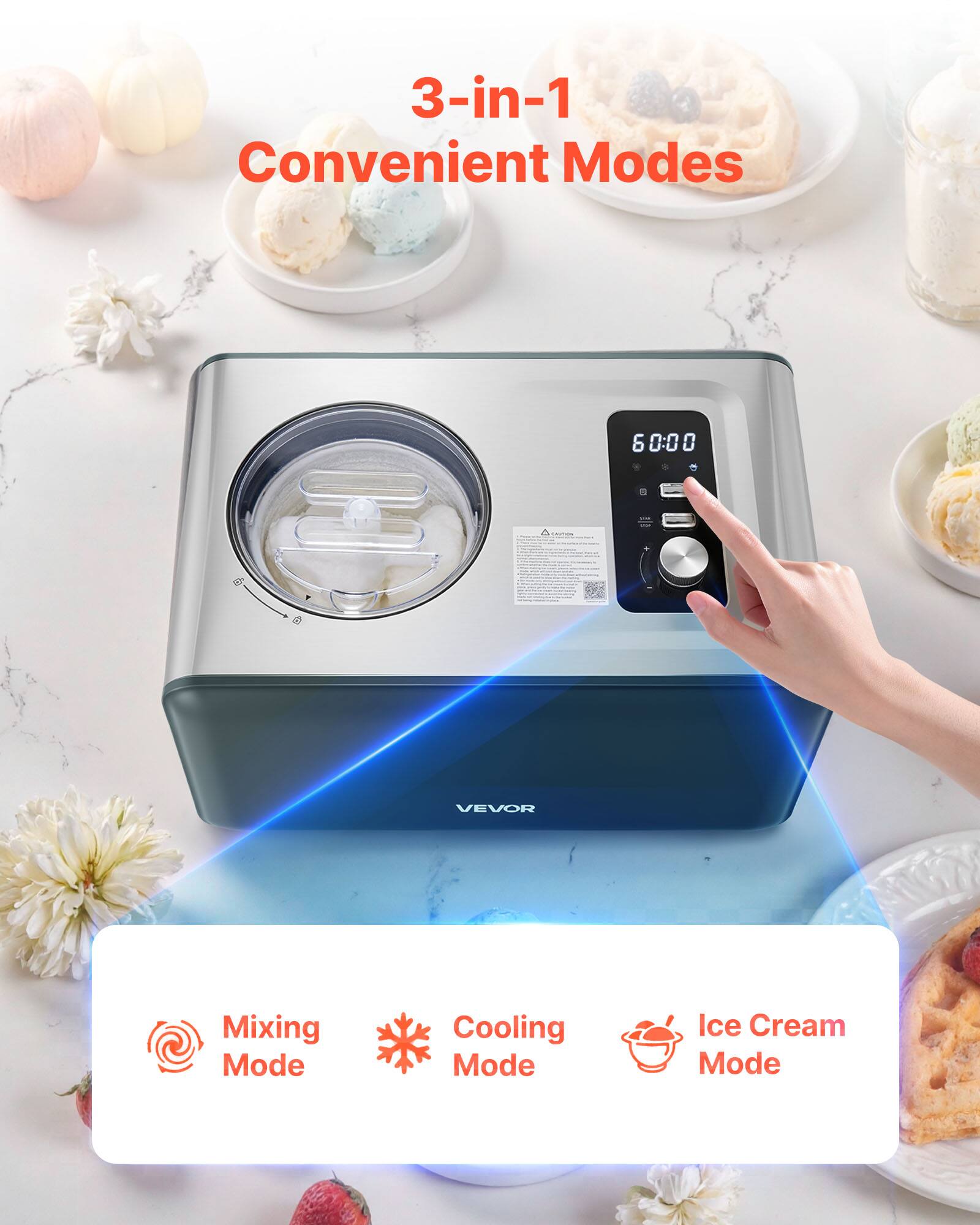 3-in-1 Convenient Modes

60:00

Mixing Mode  
Cooling Mode  
Ice Cream Mode
