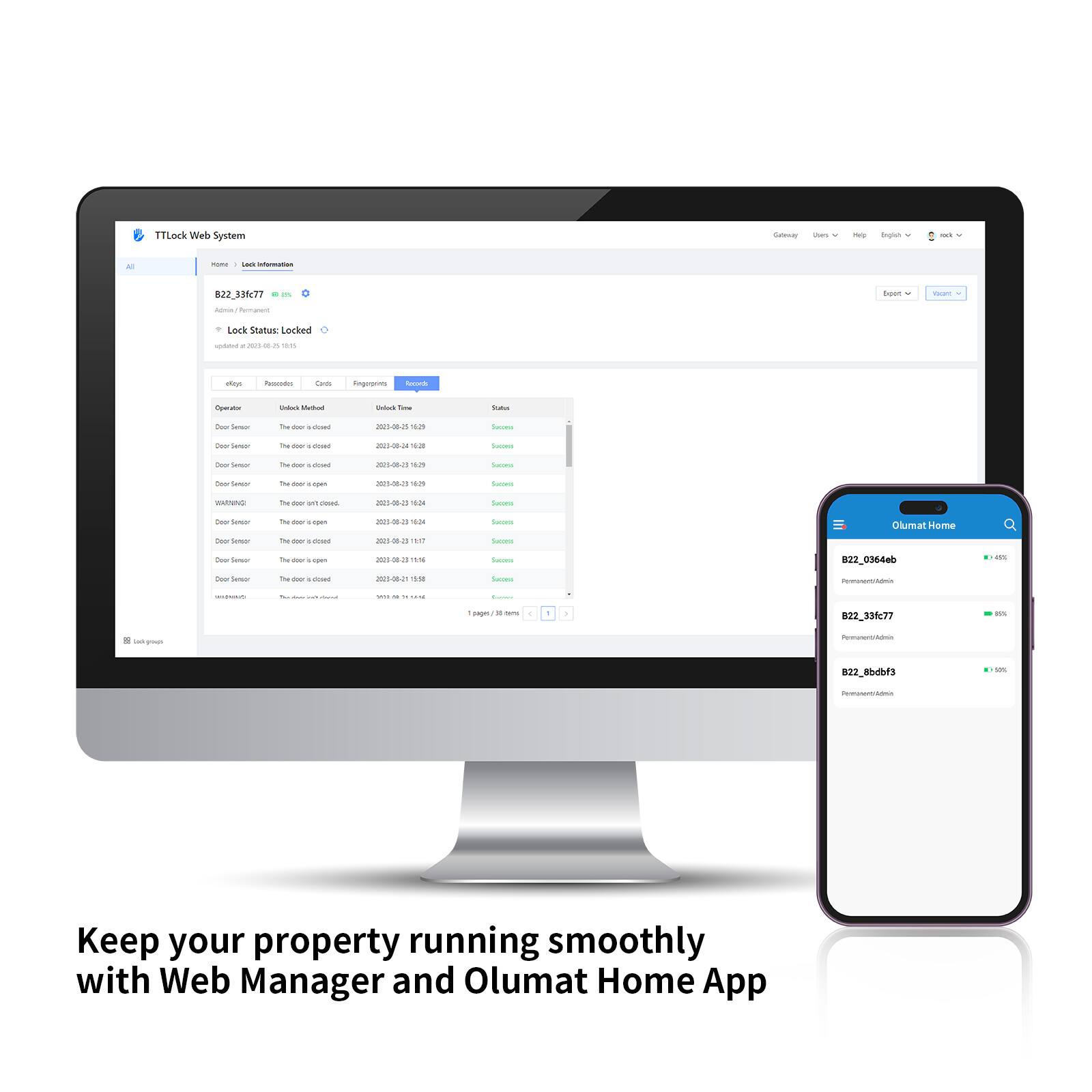 FTLock Web System  
nngrn - i - 022_321c77 - Lock Snamus Locked - ipraes - PoM Soe - Tne - crotmr HOed - Tee - n. Fne - H - Olumat Hame - Fee - 822_036-0ab - pagm - 822_334e77 - 822_8b-643  
Keep your property running smoothly with Web Manager and Olumat Home App