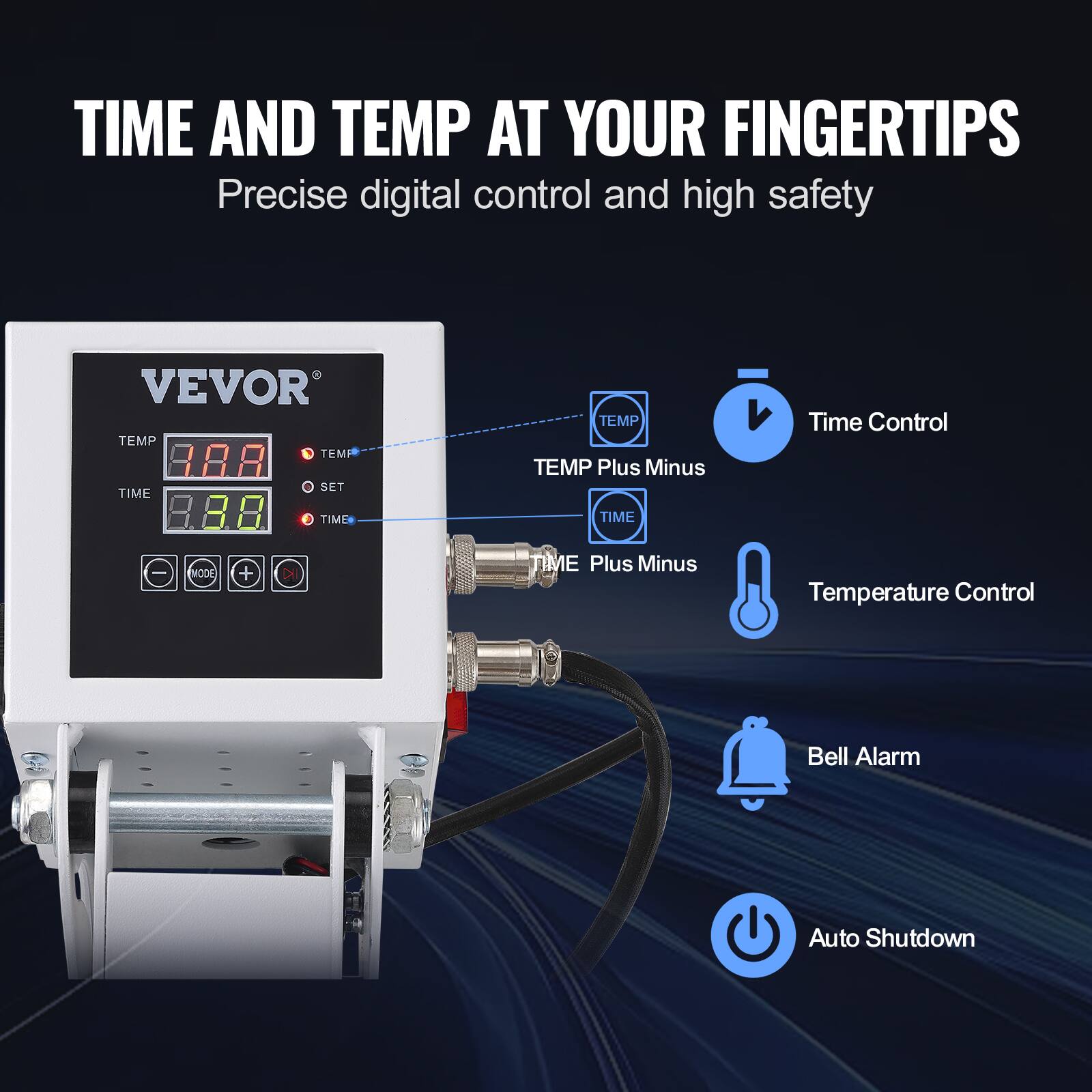 TIME AND TEMP AT YOUR FINGERTIPS  
Precise digital control and high safety

VEVOR

TEMP 9.8.8  
TIME 9.8.8

TEMP Plus Minus  
TIME Plus Minus

Time Control  
Temperature Control  
Bell Alarm  
Auto Shutdown