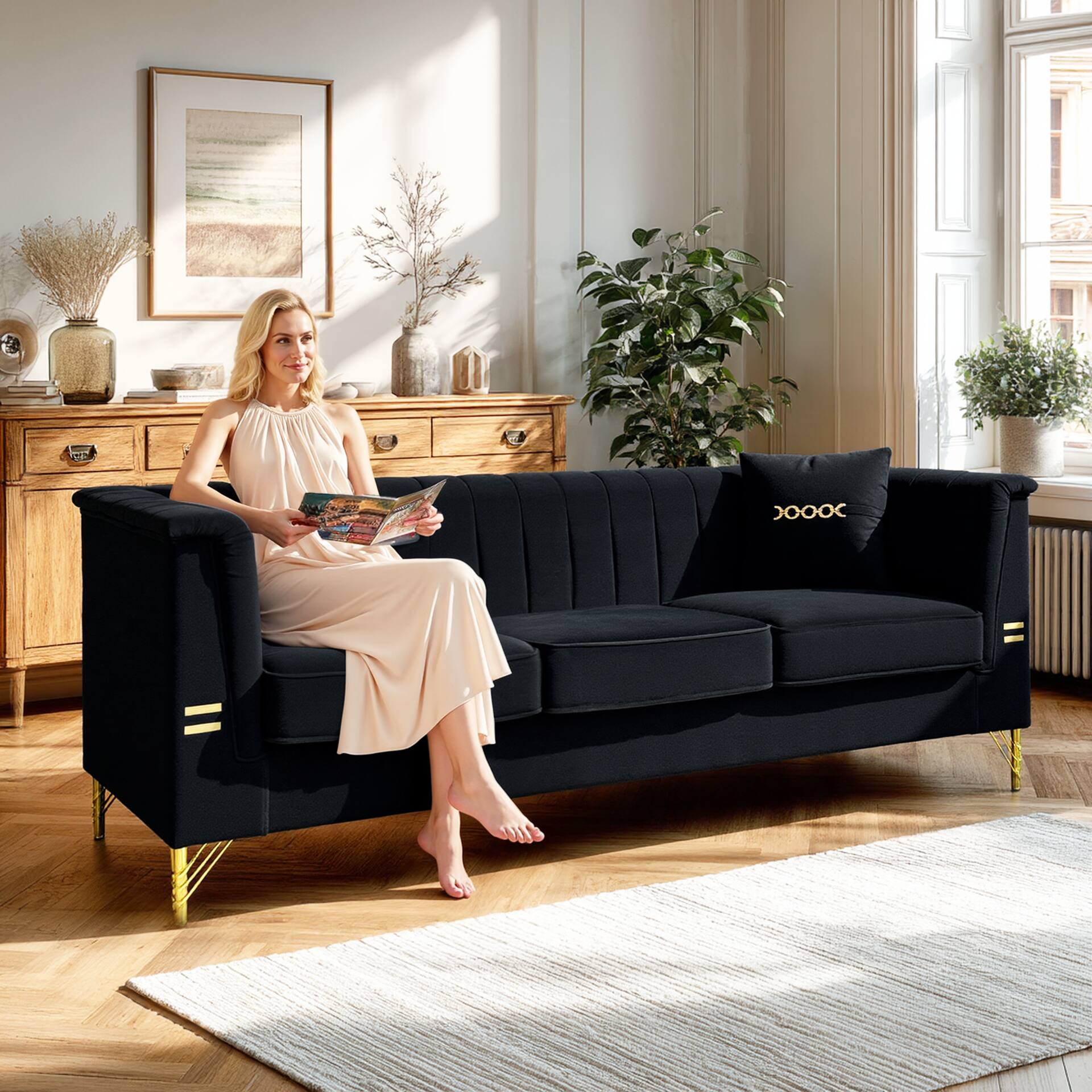Angle. Anysun - 82.7" Beige Velvet 3-Seat Chesterfield Sofa with 2 Pillows for Living Room - Black.