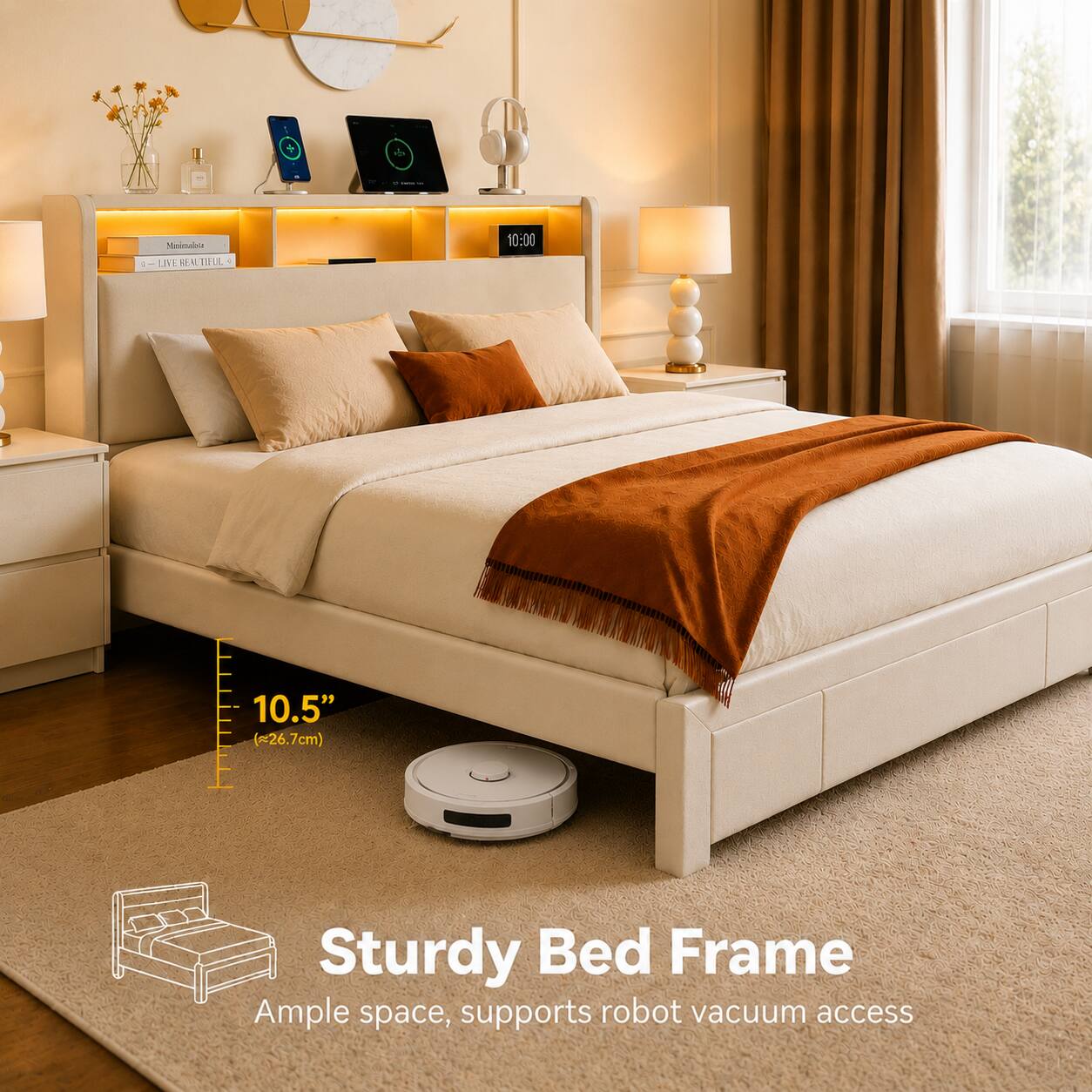 Sturdy Bed Frame  
Ample space, supports robot vacuum access