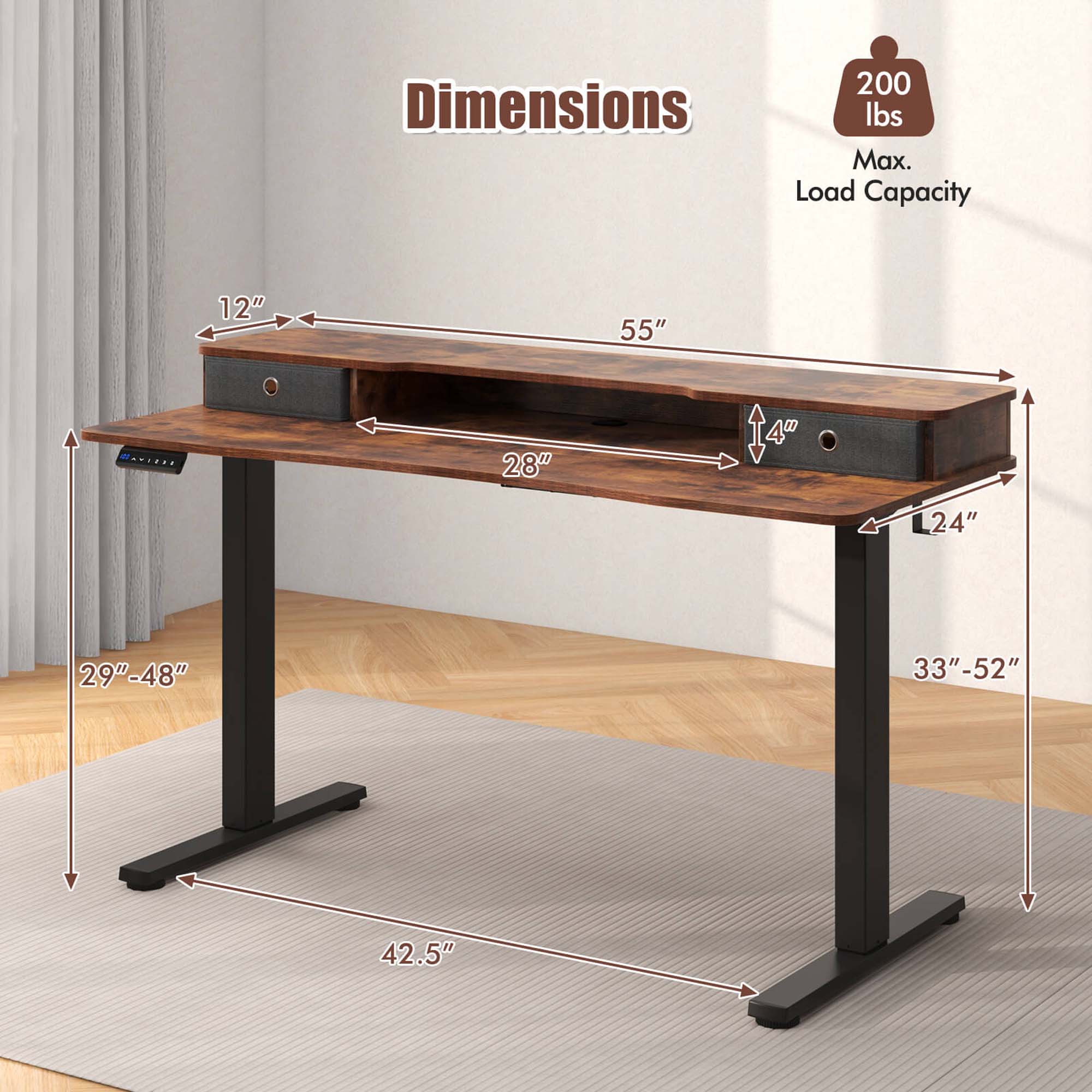Dimensions  
200 lbs Max. Load Capacity  

- 55" (length)  
- 28" (width)  
- 12" (depth)  
- 4" (height of drawer)  
- 24" (height of base)  
- 29"-48" (adjustable height range)  
- 33"-52" (adjustable height range)  
- 42.5" (overall width)