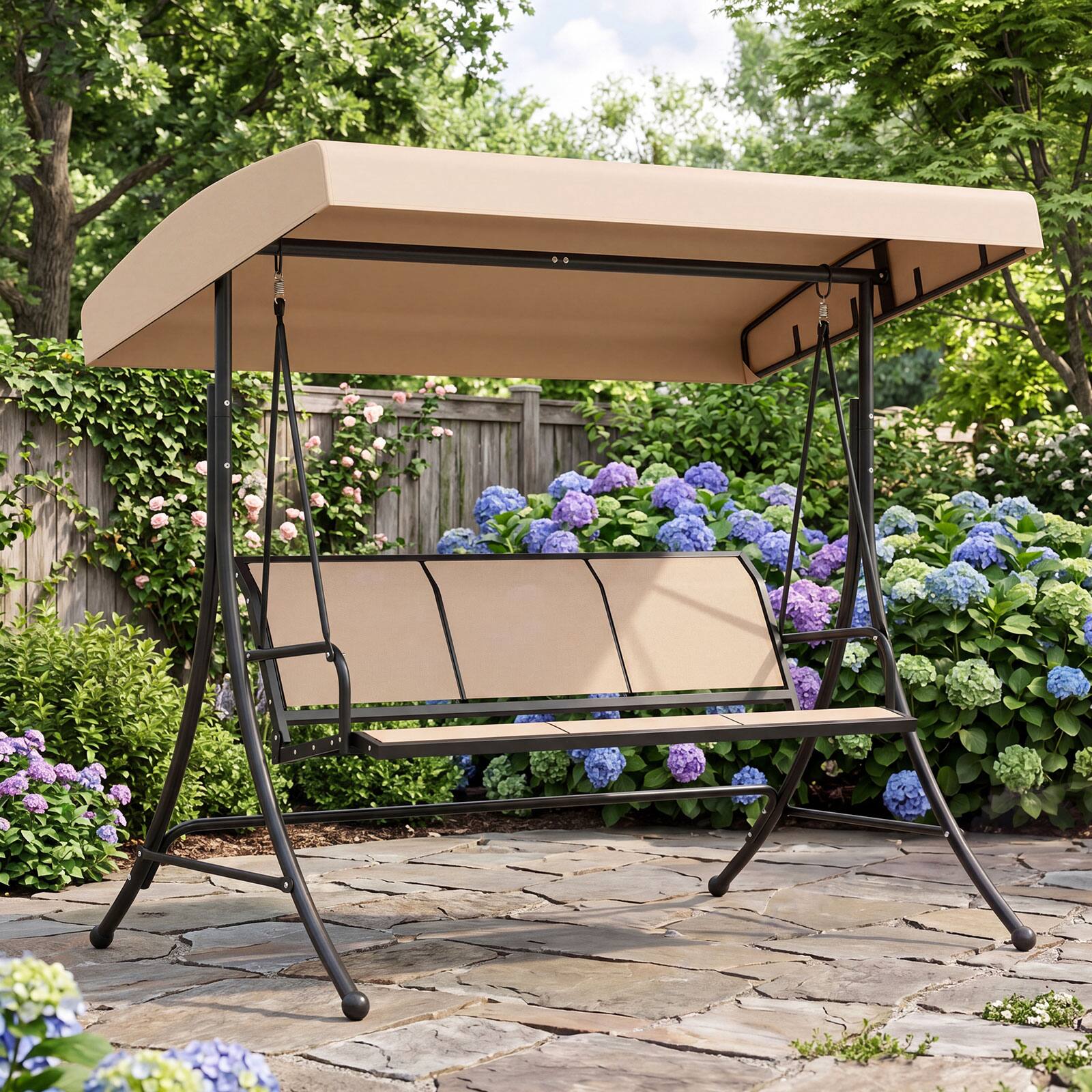 Alt View 4. Costway - Costway 3-Seat Patio Swing Chair, Outdoor Swing with Adjustable Canopy, Heavy-Duty Stand - Beige + Black.