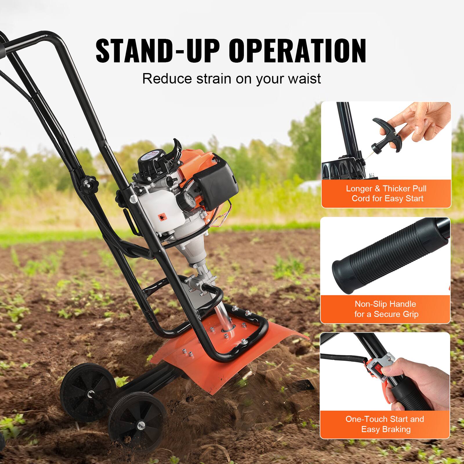 STAND-UP OPERATION  
Reduce strain on your waist  

- Longer & Thicker Pull Cord for Easy Start  
- Non-Slip Handle for a Secure Grip  
- One-Touch Start and Easy Braking