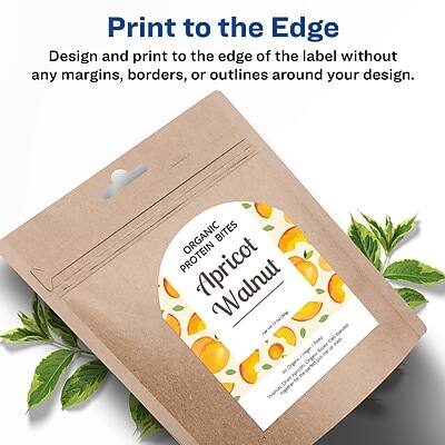 Print to the Edge  
Design and print to the edge of the label without any margins, borders, or outlines around your design.

ORGANIC BITES  
PROTEIN BITES  
Apricot Walnut