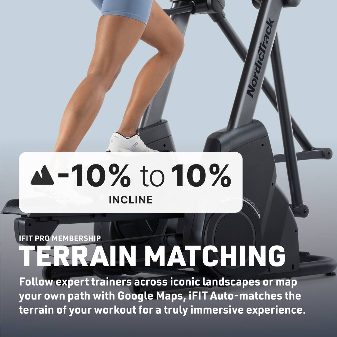 DC NordicTrack -10% to 10% INCLINE IFIT PRO MEMBERSHIP TERRAIN MATCHING

Follow expert trainers across iconic landscapes or map your own path with Google Maps, iFIT Auto-matches the terrain of your workout for a truly immersive experience.