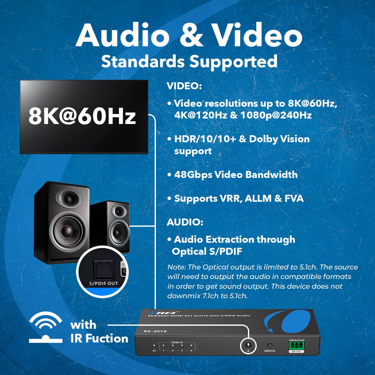 VIDEO:
Video resolutions up to 8K@60Hz, 4K@120Hz & 1080p@240Hz
HDR/10/10+ & Dolby Vision support
48Gbps Video Bandwidth
Supports VRR, ALLM & FVA

AUDIO:
S/PDIF OUT
Audio Extraction through Optical S/PDIF
Note: The Optical output is limited to 5.1ch. The source will need to output the audio in compatible formats in order to get sound output. This device does not downmix 7.1ch to 5.1ch.

with IR Fuction