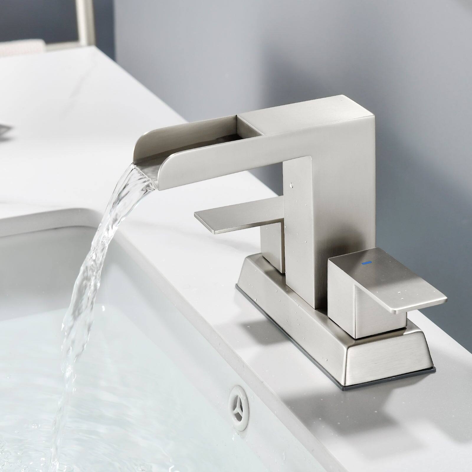 Alt View 3. Boyel Living - Brushed 4 Inch Centerset Faucet SUS304 Waterfall Spout 1.2GPM Dual Handle Pop Up Drain - Brushed Nickel.
