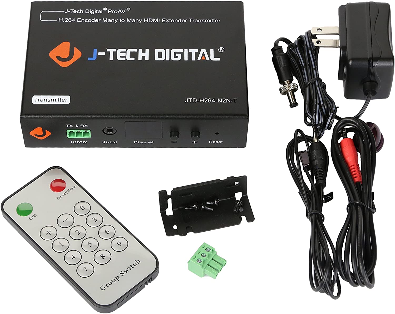J-Tech Digital ProAV  
H.264 Encoder Many to Many HDMI Extender Transmitter  
JTD-H264-N2N-T  

Transmitter  
TX RX  
RS232  
IR-Ext  
Channel  
+  
Reset  

Group Switch  
G/B  
0  
1  
2  
3  
4  
5  
6  
7  
8  
9  

Factory Reset  

J-TECH DIGITAL