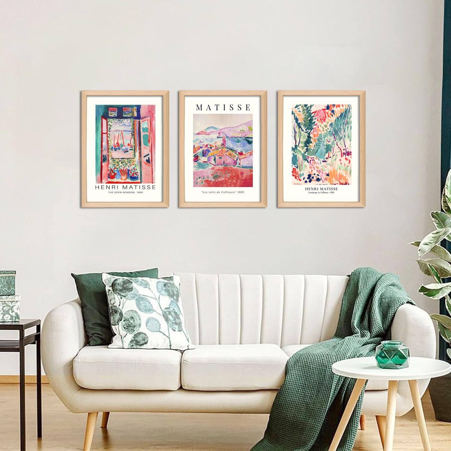 Sure, here is the corrected and grouped text from the image:

---

**Left Frame:**
- HENRI MATISSE
- THE OPEN WINDOW - 1905

**Middle Frame:**
- MATISSE
- "Les Iles de la Mer" - 1905

**Right Frame:**
- HENRI MATISSE
- London - Galerie - 1905

---