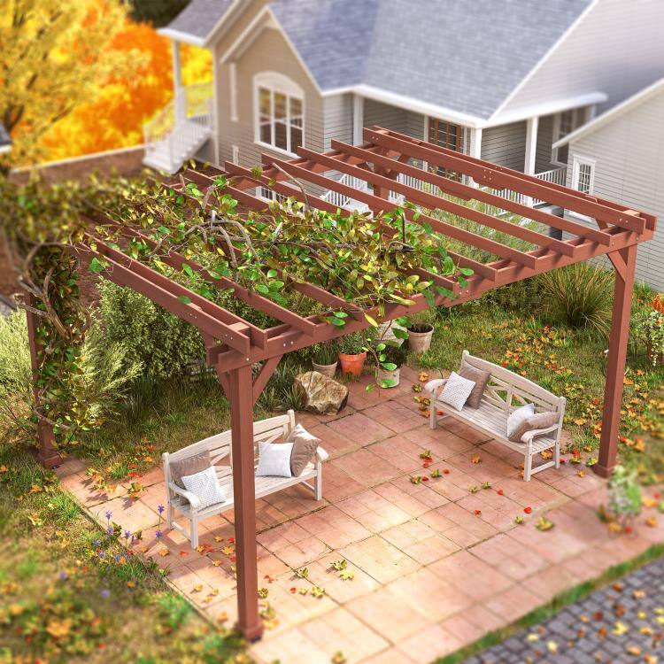 Alt View 7. PULUZ - 11 feet x 12.5 feet Outdoor Wood Pergola with Grape Trellis for Patio, Deck, Backyard, Lawn - Brown.