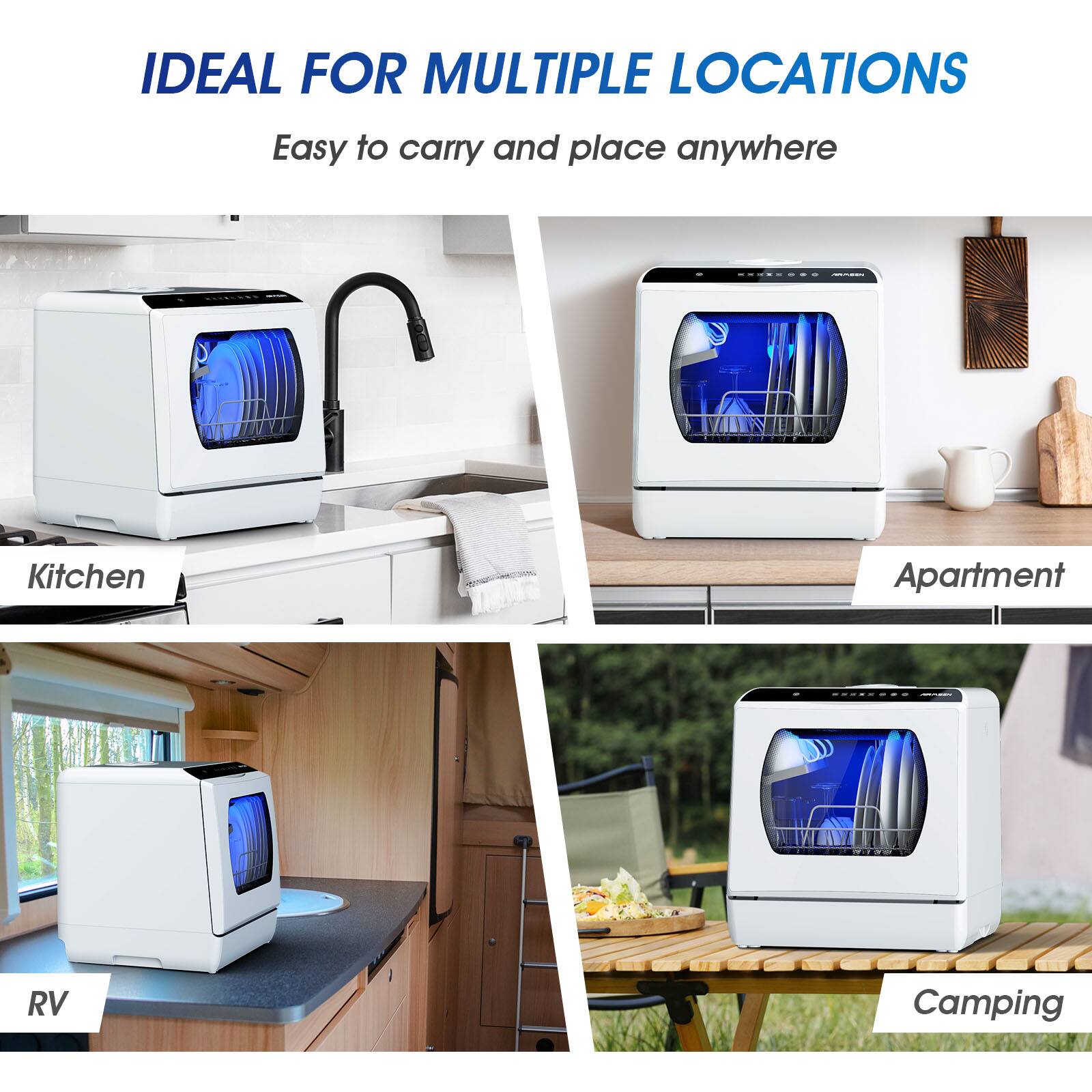 IDEAL FOR MULTIPLE LOCATIONS  
Easy to carry and place anywhere

- Kitchen
- Apartment
- RV
- Camping