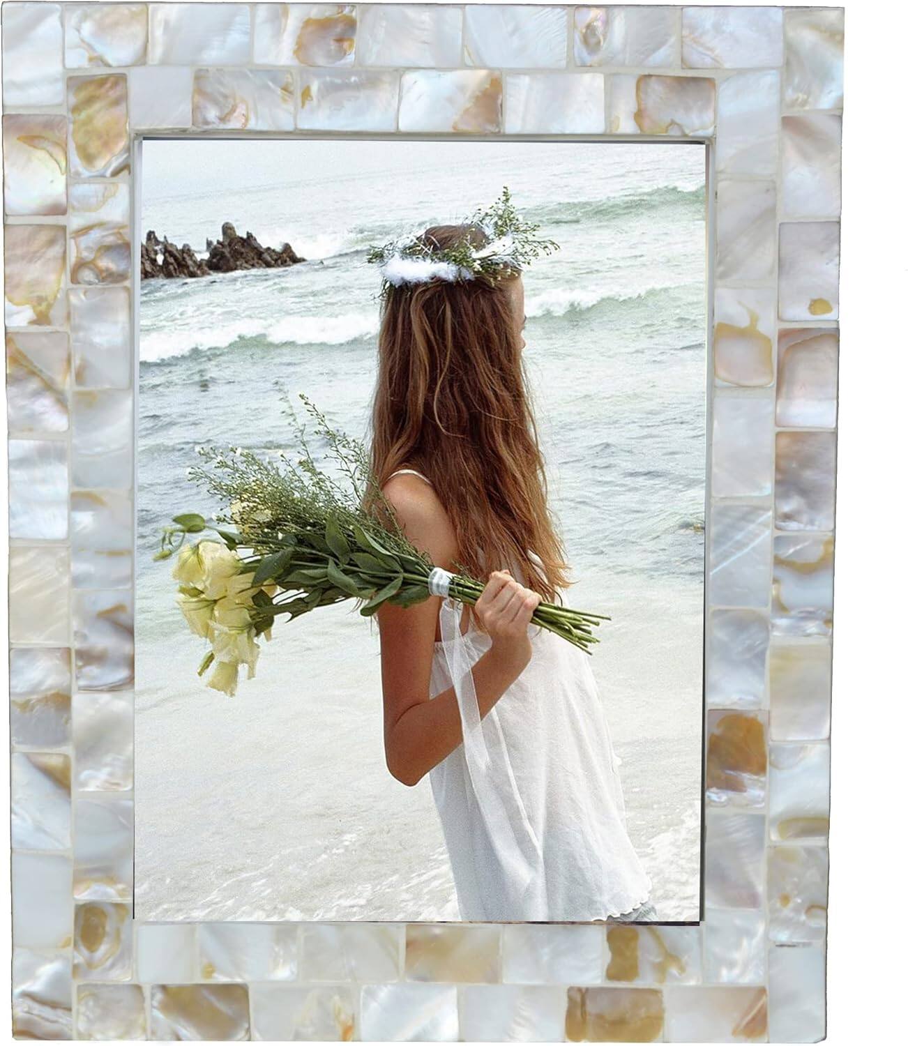 Front. blue - 5 Picture Frame 5x7 Mother of Pearl Mosaic Photo Frame,Beach Tabletop or Wall Hanging Picture Frame(5x7 - colorNatural White+size6x8 Inch.