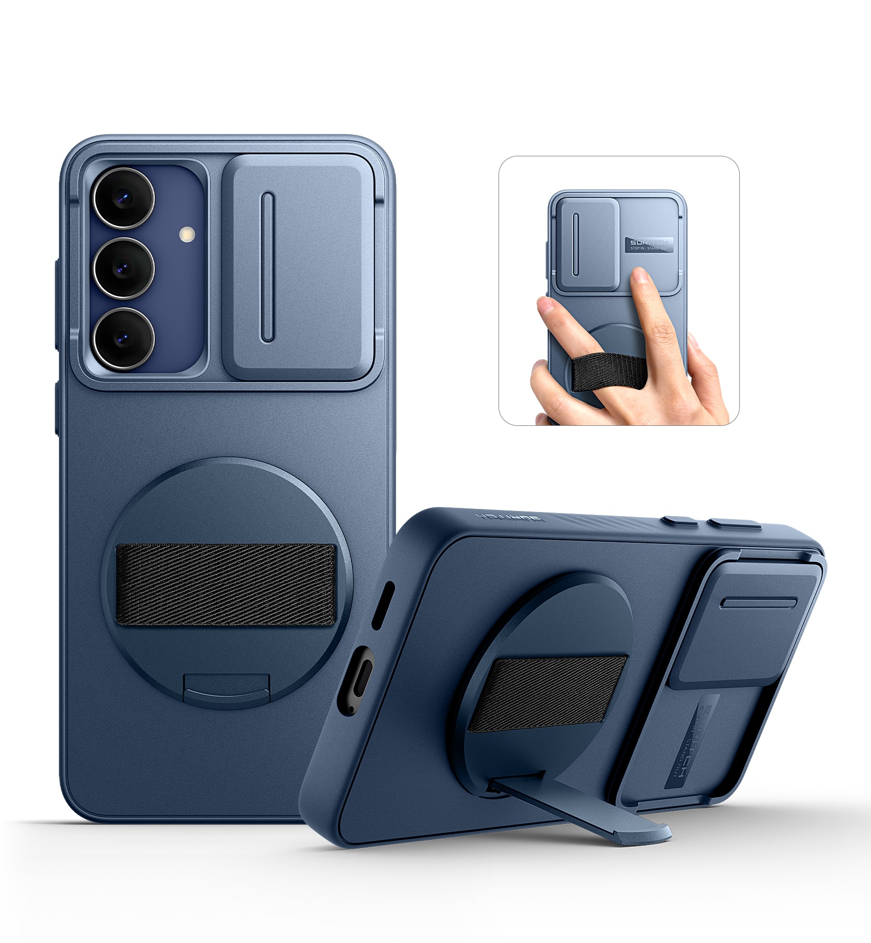 SURITCH - Case for Samsung Galaxy S25 FE with 360° Rotatable Hand Strap, Invisible Kickstand,Slide Camera Cover, Rugged Shockproof - Deep Blue