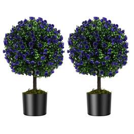Costway - Set of 2 Artificial Purple Rose Topiary Ball Trees 22" Faux Boxwood Ball Tree - Green,Purple