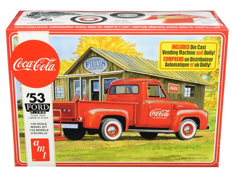 **CARACTÉRISTIQUES:**

- COMPREND PICKUP FORD '53. CLASSIC AMT'S
- INCLUDES: AMT' FEATURES PICKUP FORD '53. CLASSIC
- Coca-Cola. SUNNY FIELDS COUNTRY STORE INCLUDES Die Cast Vending Machine and Dolly!
- COMPREND un Distributeur Automatique et un Dolly!
- '53 FORD F-100 PICKUP TRUCK CAMION DE PICKUP
- Coca-Cola DRINK Coca-Cola IN BOTTLES
- 1/25 SCALE MODEL KIT 1/25 MODELE D'ÉCHELLE
- 1 PLASTIC KIT 1 TROUSSE EN PLASTIQUE

**INCLUDES Die Cast Vending Machine and Dolly!**
**COMPREND un Distributeur Automatique et un Dolly!**

**'53 FORD F-100 PICKUP TRUCK CAMION DE PICKUP**

**1/25 SCALE MODEL KIT 1/25 MODELE D'ÉCHELLE**

**1 PLASTIC KIT 1 TROUSSE EN PLASTIQUE**