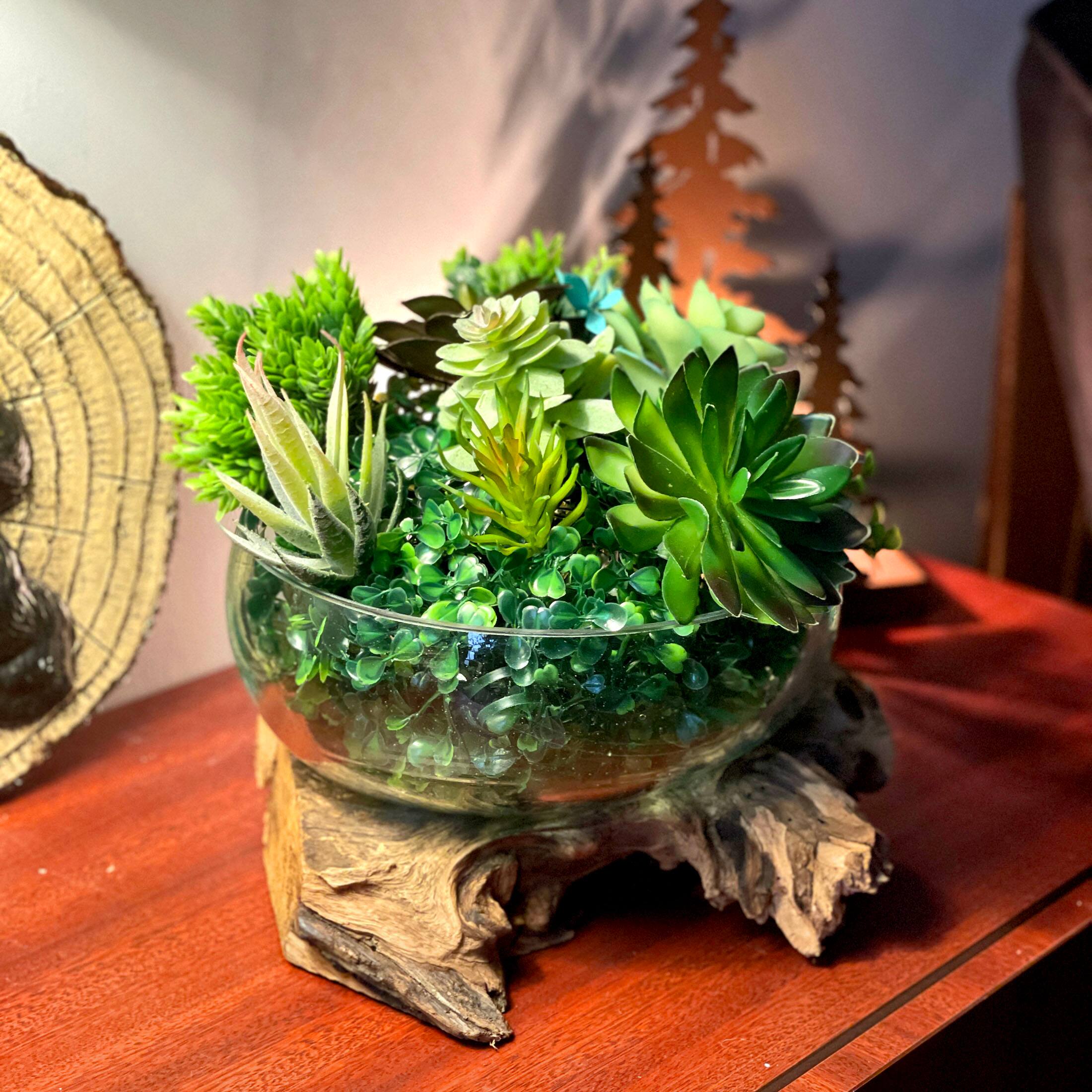 Alt View 7. Things2Die4 - Molten Glass Bowl on Driftwood 10" Hand Blown Decorative Centerpiece Planter - Natural.