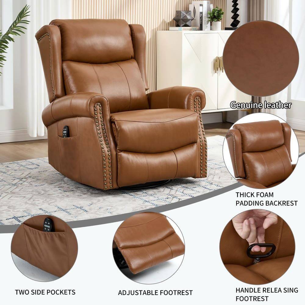 - Genuine leather
- Thick foam padding backrest
- Two side pockets
- Adjustable footrest
- Handle release footrest