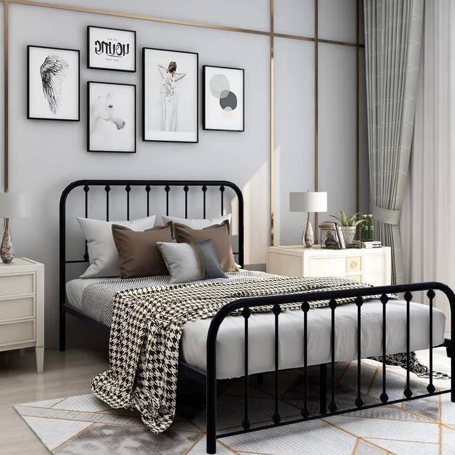 Front. Hivvago - Hivvago Full size Classic Metal Bed Frame with Slatted Headboard and Footboard - Black.