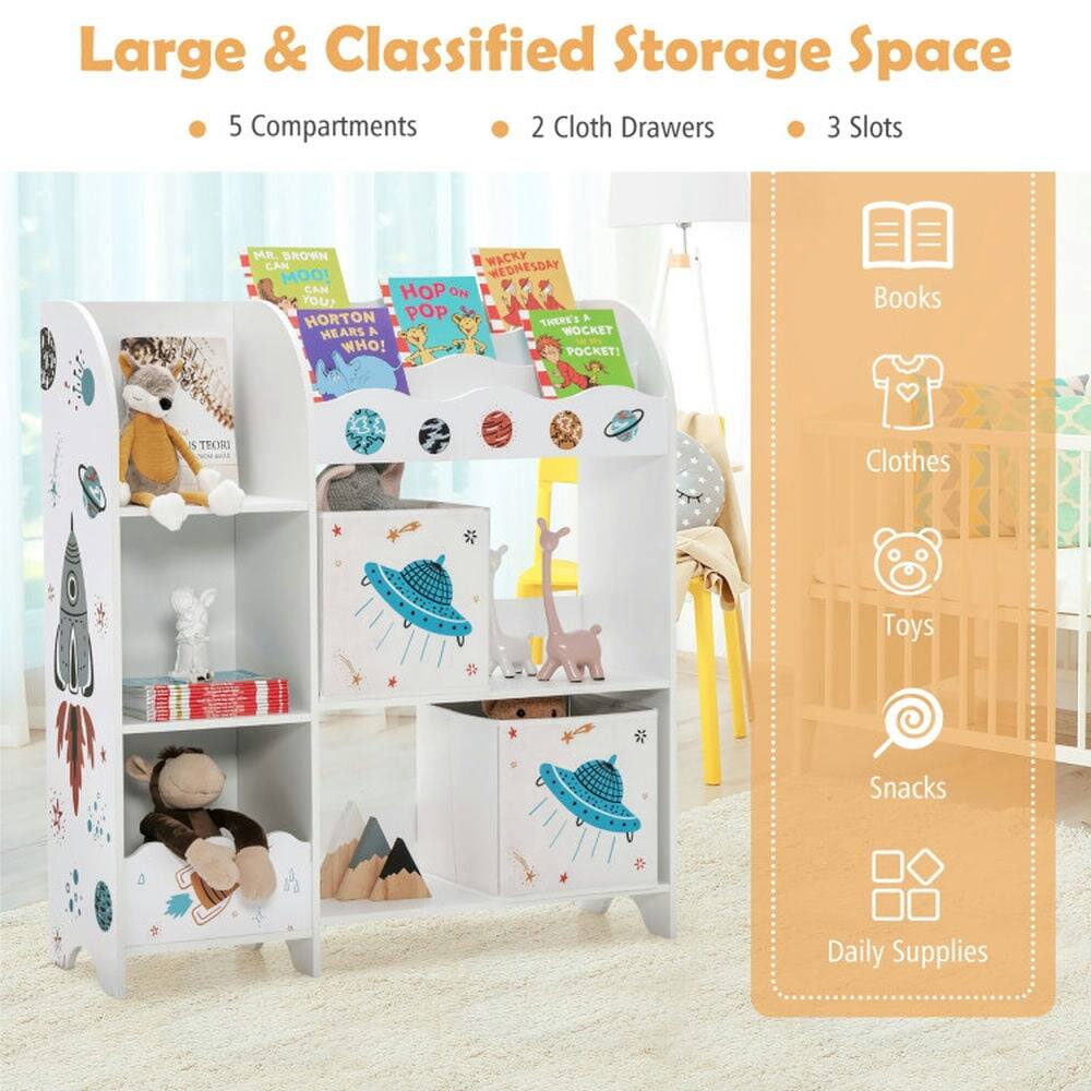 Large & Classified Storage Space  
- 5 Compartments  
- 2 Cloth Drawers  
- 3 Slots  

Books  
Clothes  
Toys  
Snacks  
Daily Supplies
