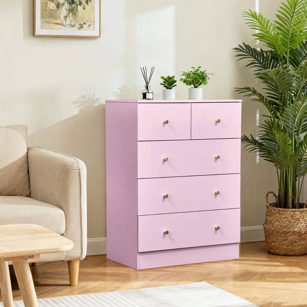 Back. Kadyn - 5-Drawer Cabinet, 3+2 Storage Dresser with Matte Gold Handles - Macaron Pink - Pink.
