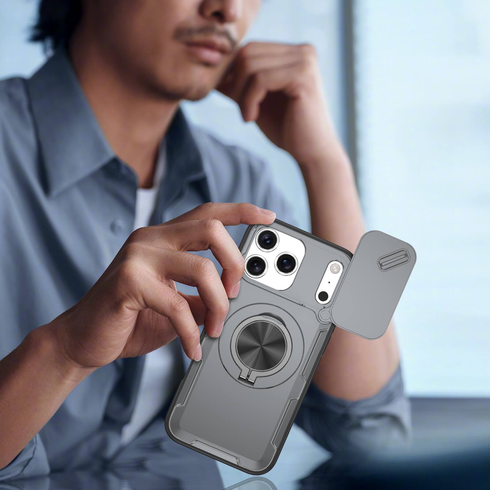 Alt View 4. Dteck - Rotating Ring Kickstand For iPhone 17 Pro Max Case, Magnetic Shockproof Hard PC TPU Bumper Cover - Gray.