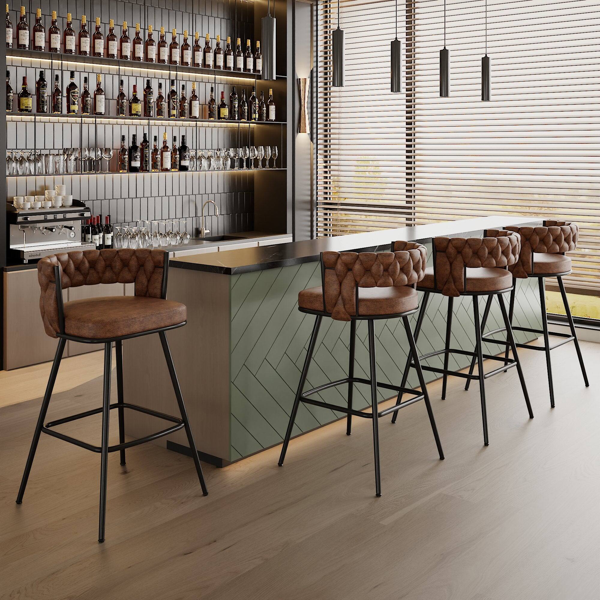 Alt View 2. Vecelo - Set of 2 Brown PU Leather Bar Stool with Electroplated Metal Frame – 34-Inch Tall Bar Chair with Footrest - Brown.