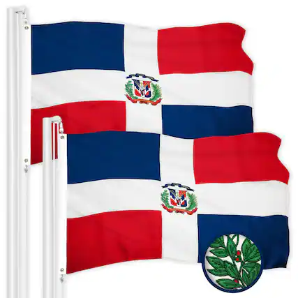 Front. G128 - 2-Pack Dominican Republic Flag 3x5 ft Embroidered 300D Polyester with Brass Grommets - Red, White, Blue.