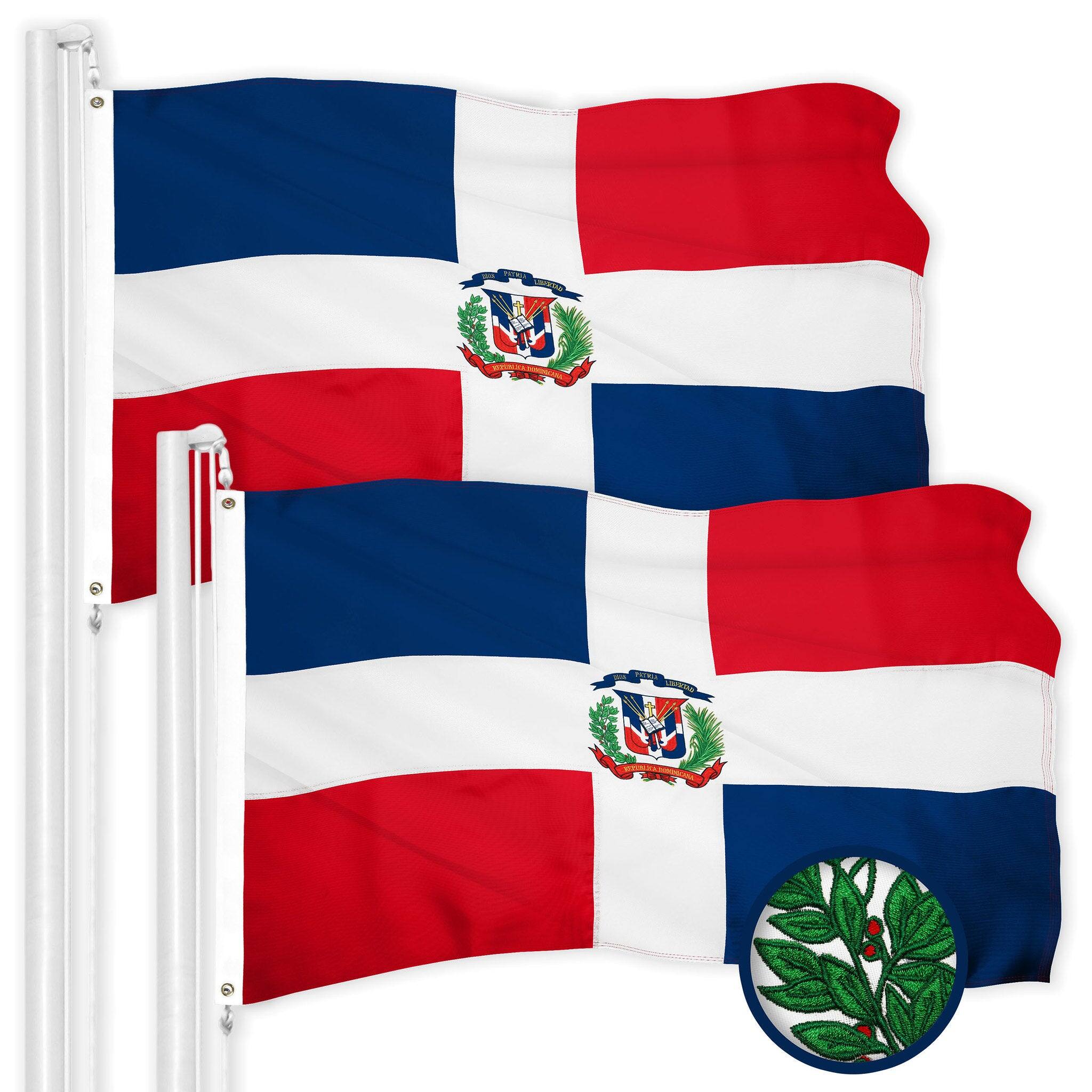 Front. G128 - 2-Pack Dominican Republic Flag 3x5 ft Embroidered 300D Polyester with Brass Grommets - Red, White, Blue.