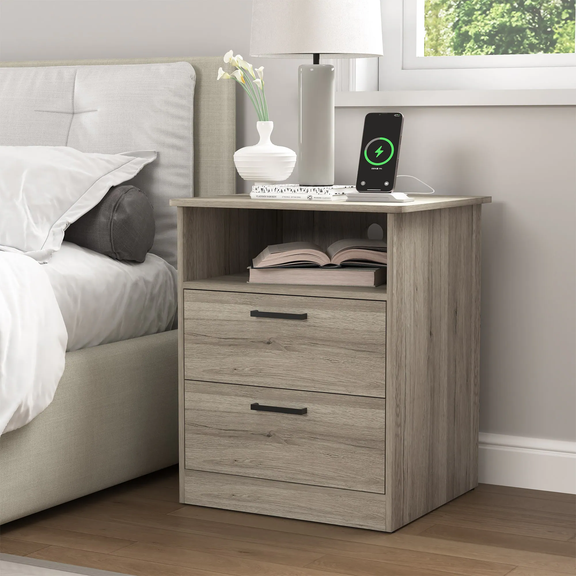 Kadyn - Wood Nightstand With Charging Station, Bedside Table With 2 Drawers, Bedroom - Gray