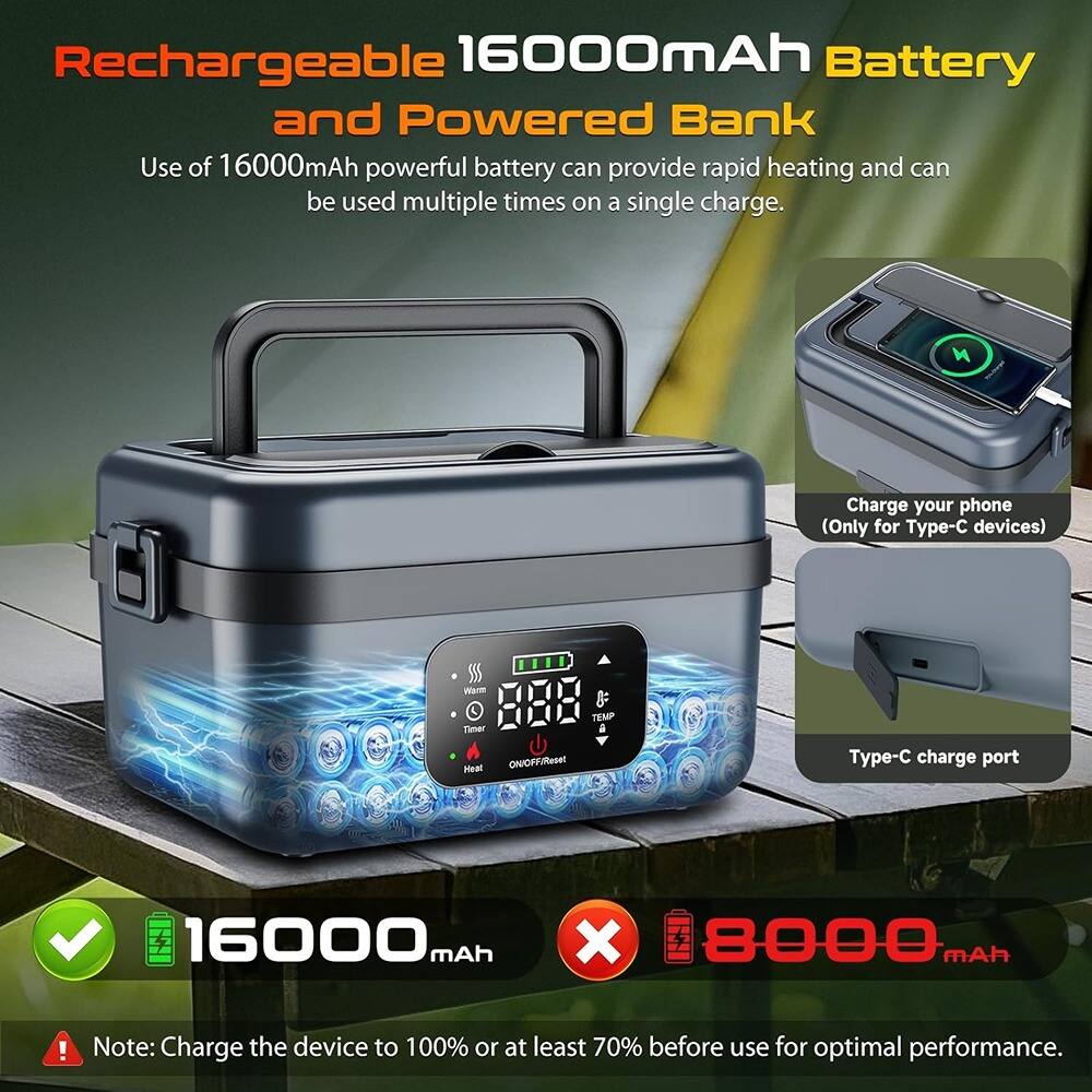 Rechargeable 16000mAh Battery and Powered Bank

Use of 16000mAh powerful battery can provide rapid heating and can be used multiple times on a single charge.

Charge your phone (Only for Type-C devices)

Type-C charge port

Note: Charge the device to 100% or at least 70% before use for optimal performance.
