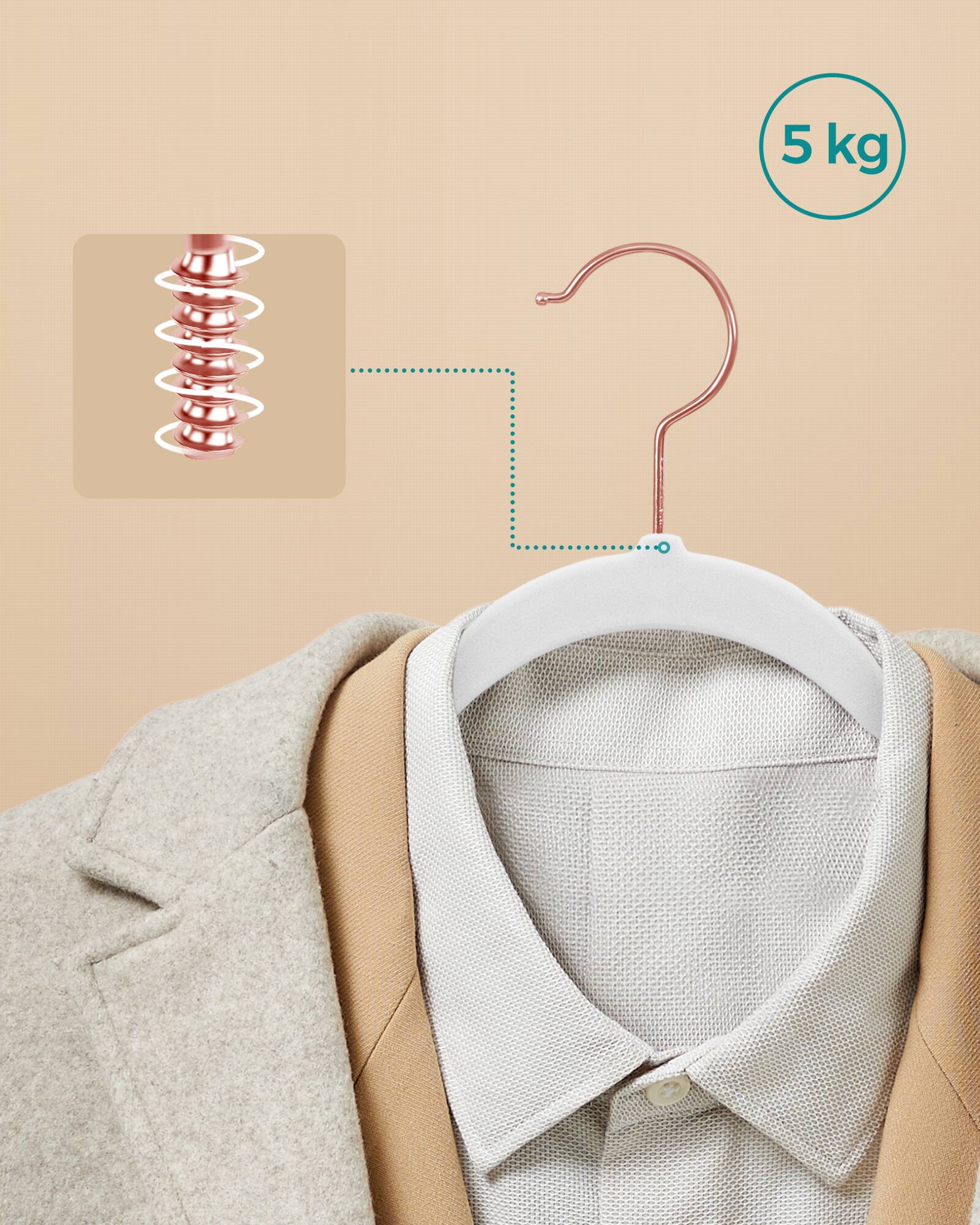 Back. Songmics Home - Velvet Hangers 50 Pack, Non-Slip Hangers with Rose Gold-Colored Swivel Hooks, Slim Space-Saving Hangers, Velvet Hangers - Cloud White.