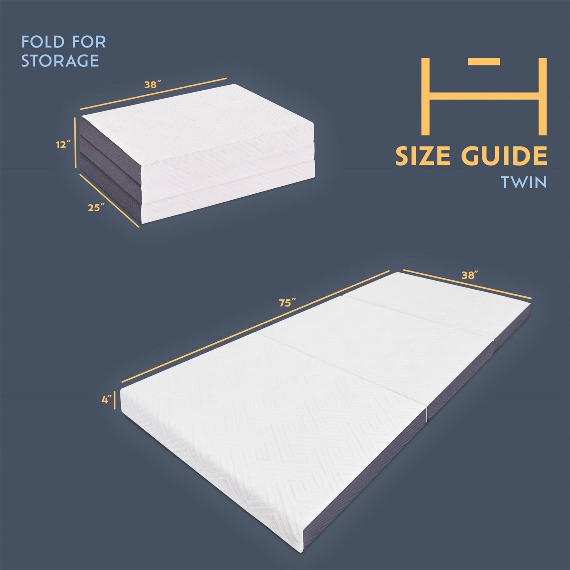 FOLD FOR STORAGE 12" 38" H SIZE GUIDE TWIN 25" 38" 75" 4" 4"