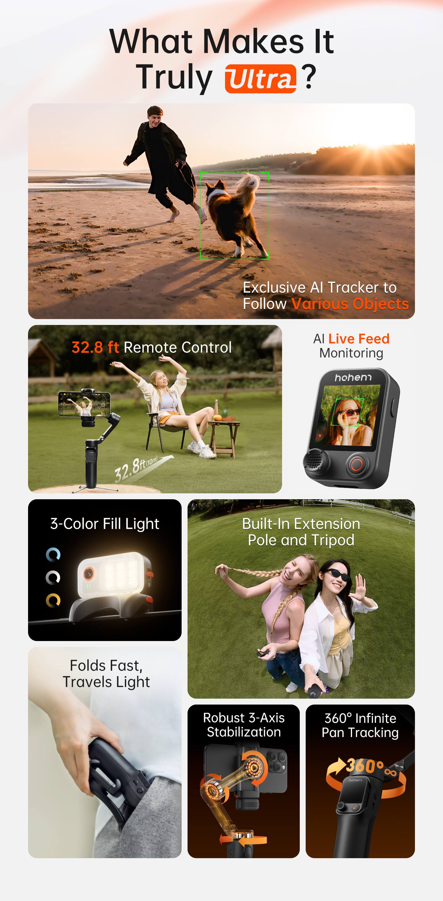 What Makes It Truly Ultra?

- Exclusive AI Tracker to Follow Various Objects
- 32.8 ft Remote Control
- AI Live Feed Monitoring
- 3-Color Fill Light
- Built-In Extension Pole and Tripod
- Folds Fast, Travels Light
- Robust 3-Axis Stabilization
- 360° Infinite Pan Tracking