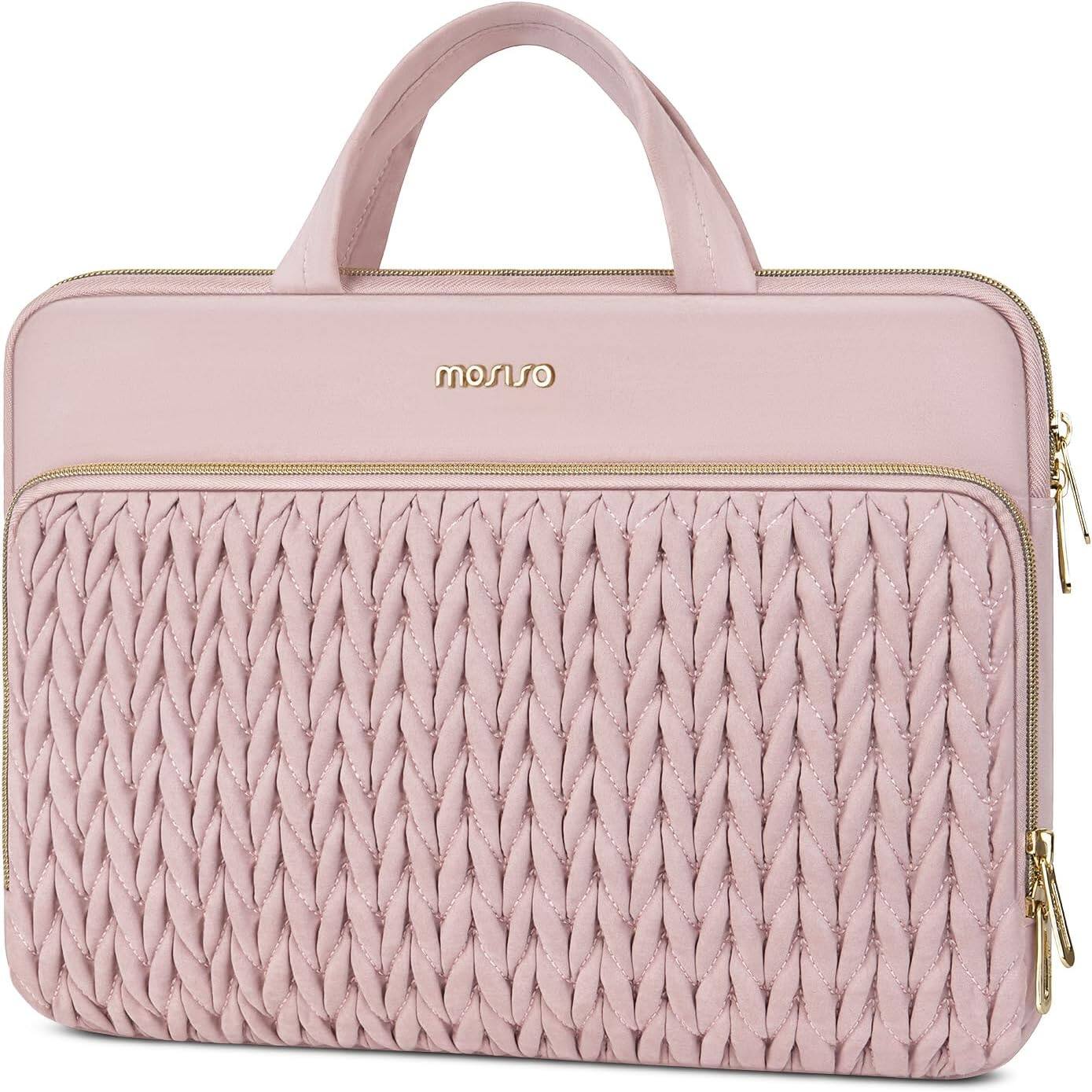 Front. mosiso - 15-15.6 inch Laptop Sleeve for MacBook Pro 16 M5 M4 M3 M2 M1, HP Dell Acer Lenovo ASUS,Wheat Ear Quilted Bag with Handle - Pink.