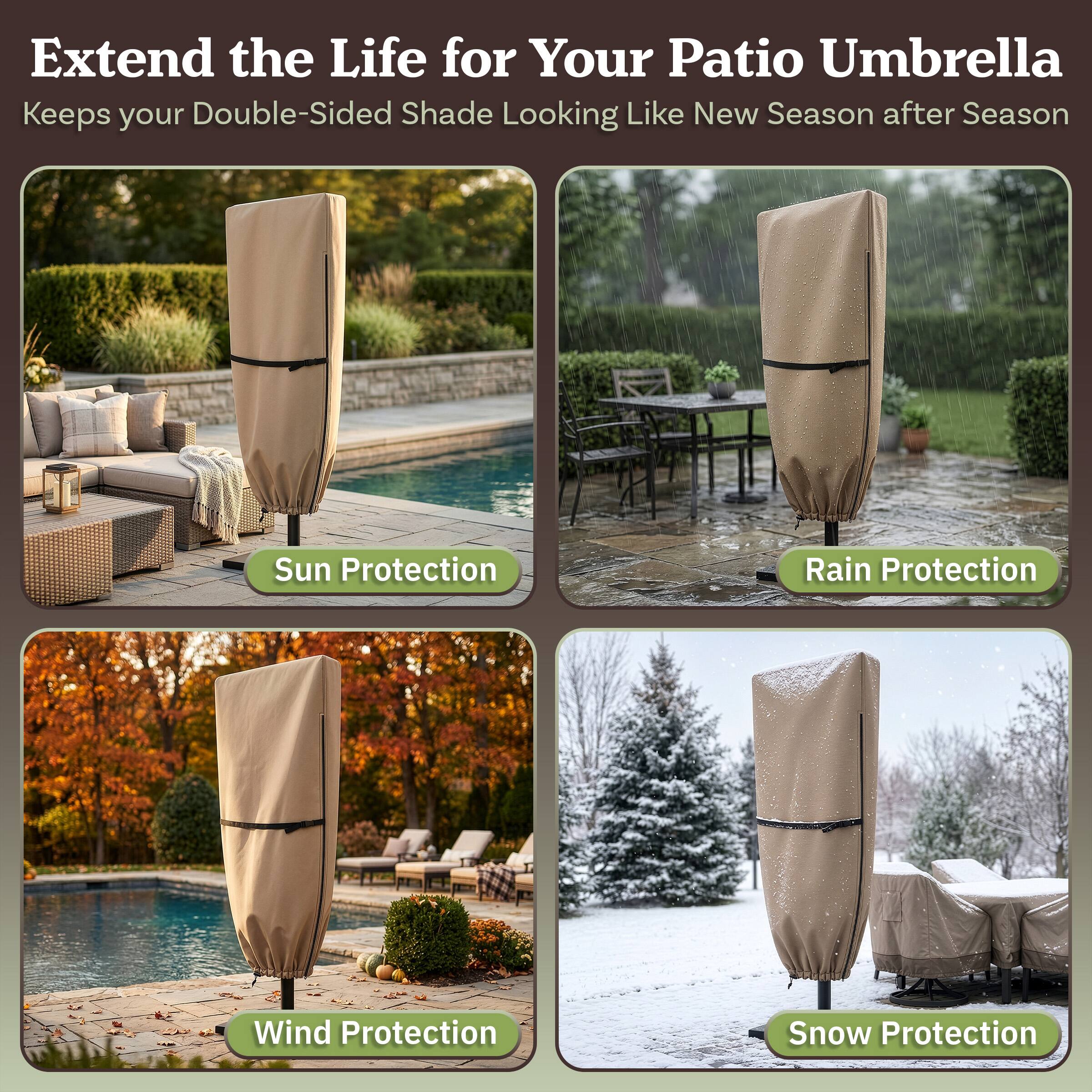 Extend the Life for Your Patio Umbrella  
Keeps your Double-Sided Shade Looking Like New Season after Season  

Sun Protection  
Rain Protection  
Wind Protection  
Snow Protection