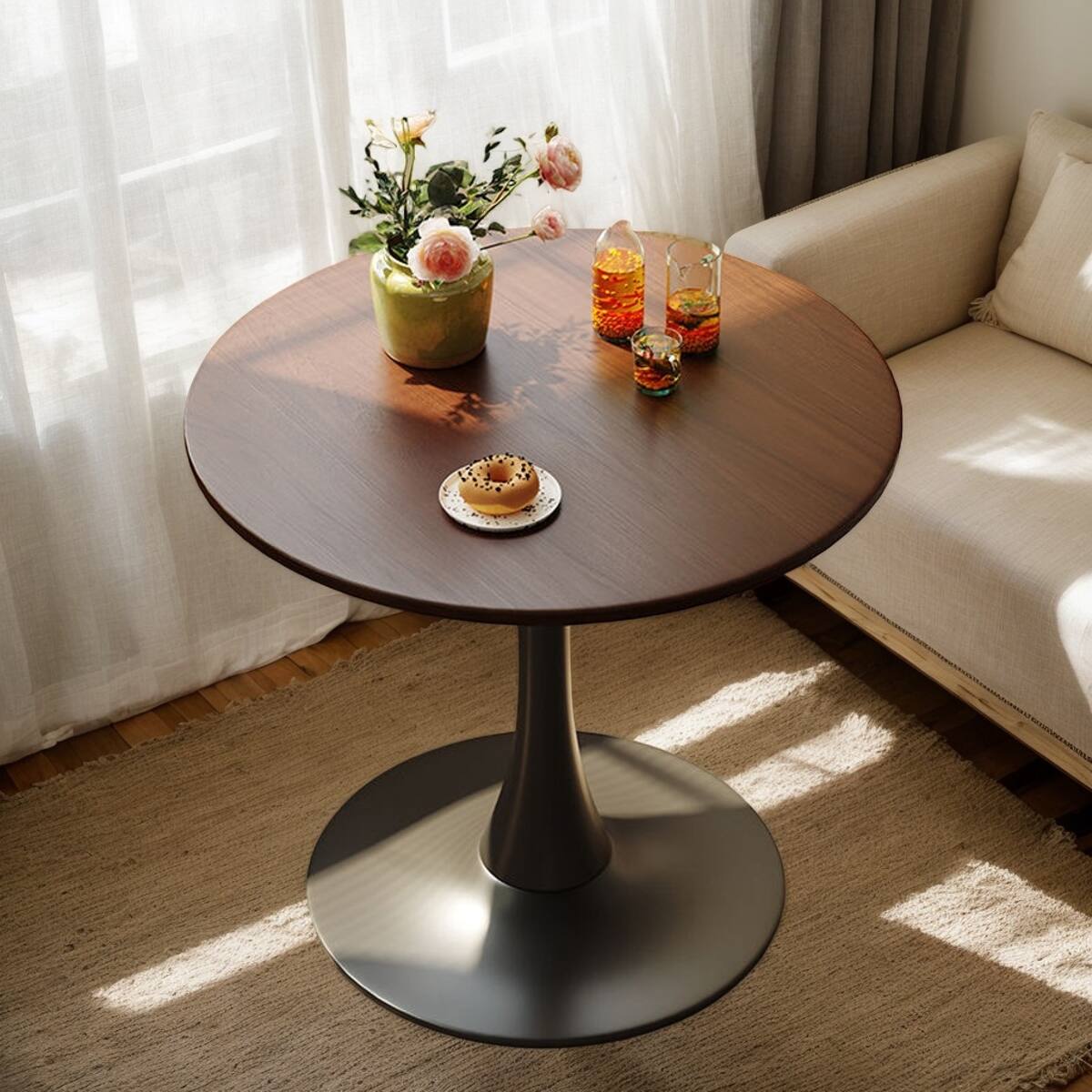 Alt View 9. Loheer - Loheer Walnut Round Dining Table, Mid-Century Modern 24 Inch MDF Top with Metal Pedestal - Walnut.