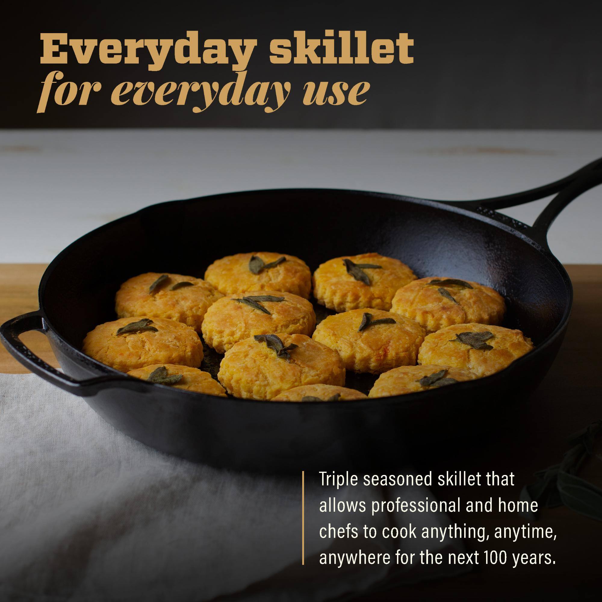 Everyday skillet for everyday use

Triple seasoned skillet that allows professional and home chefs to cook anything, anytime, anywhere for the next 100 years.