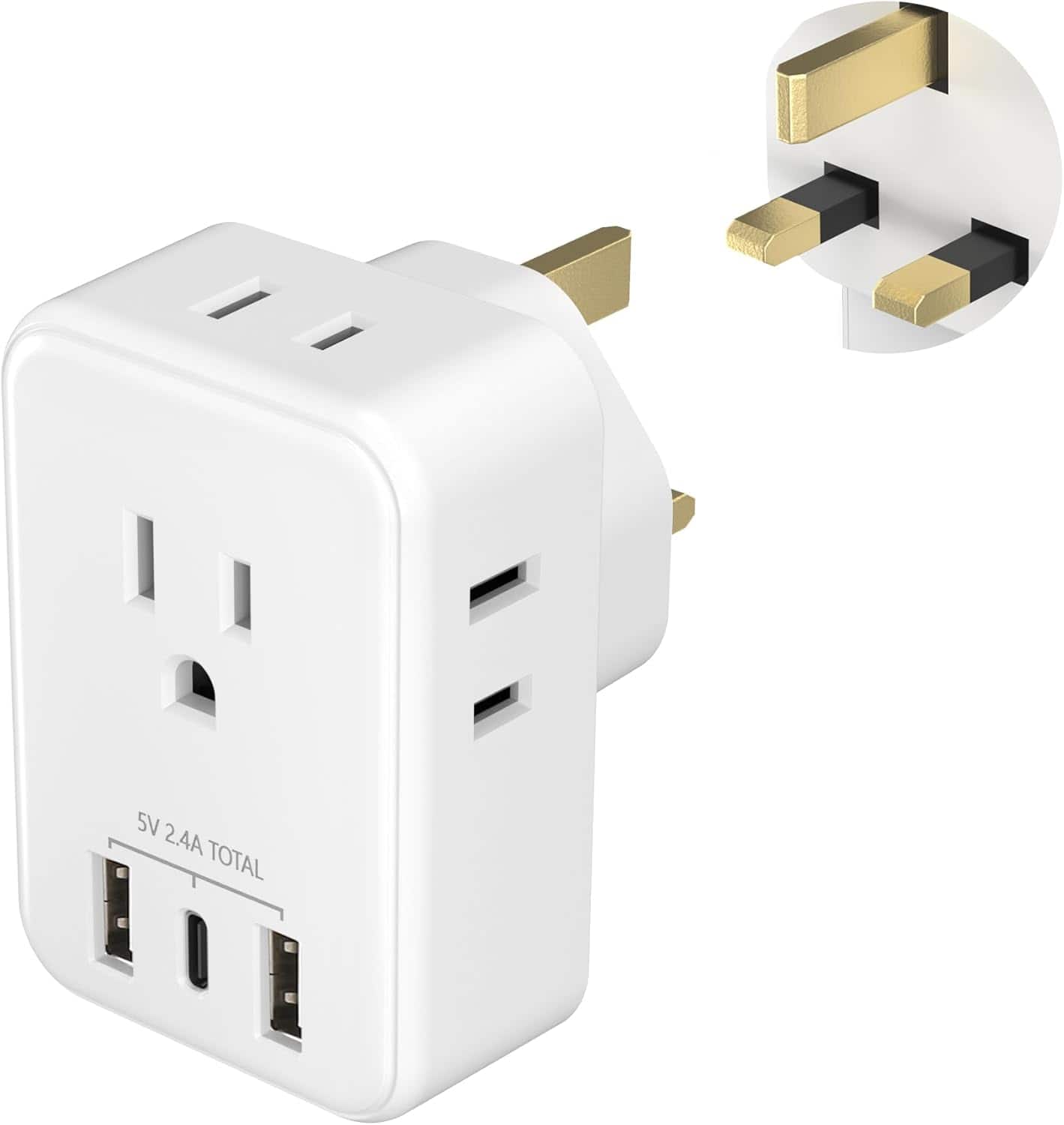 BN-LINK - US to UK Plug Adapter, Type G Travel Adapter with 4 AC & 3 USB Ports (USB-C), USA to UK - White