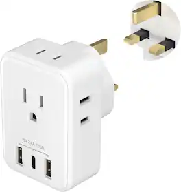 BN-LINK - US to UK Plug Adapter, Type G Travel Adapter with 4 AC & 3 USB Ports (USB-C), USA to UK - White