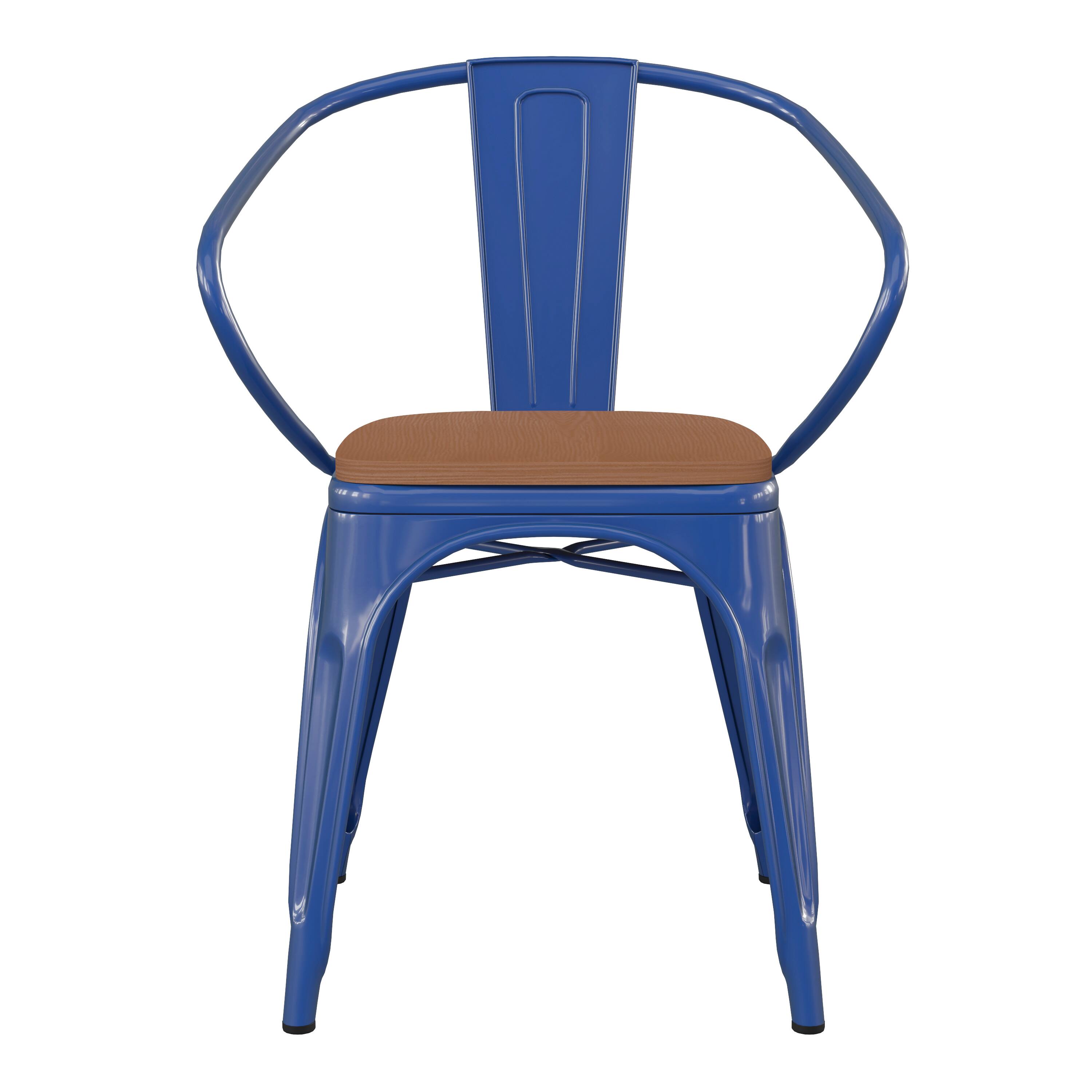 Alt View 10. Emma + Oliver - Alva Metal Indoor-Outdoor Stacking Chair with Vertical Slat Back, Arms and All-Weather Polystyrene Seat - Teak Seat/Blue Frame.