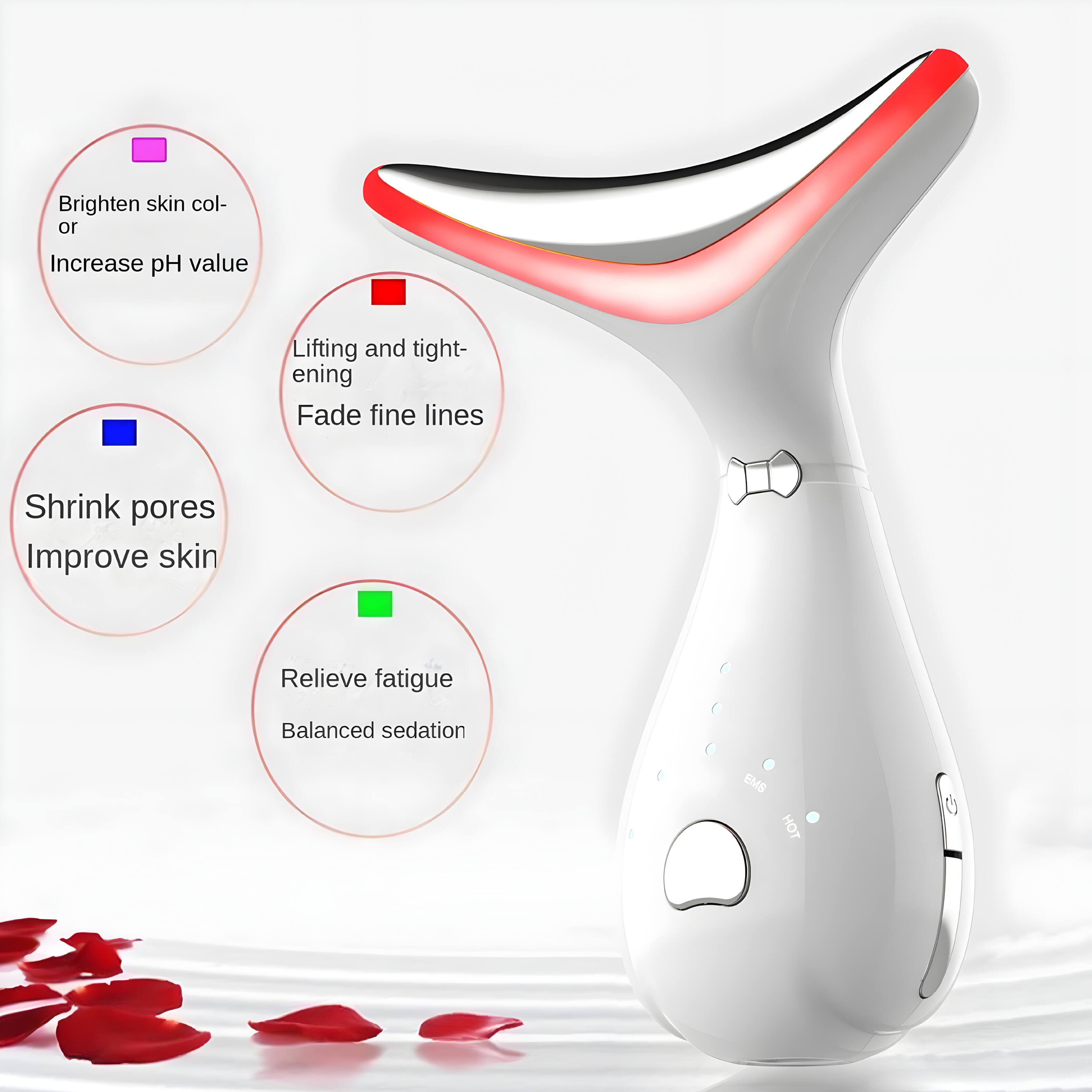 Brighten skin color  
Increase pH value  
Lifting and tightening  
Fade fine lines  
Shrink pores  
Improve skin  
Relieve fatigue  
Balanced sedation  
EMS  
HOT