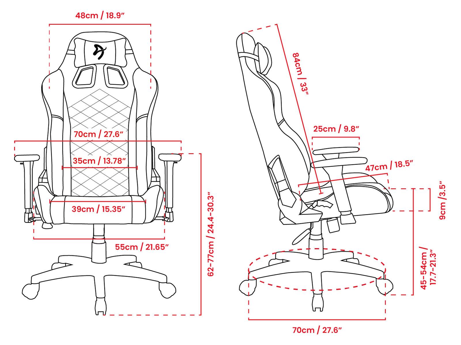 The image shows a chair with a diagram and measurements. The measurements include 48cm (18.9"), 84cm (33"), 70cm (27.6"), 25cm (9.8"), 35cm (13.78"), 39cm (15.35"), 55cm (21.65"), 62-77cm (24.4-30.3"), 47cm (18.5"), 9cm (3.5"), and 45-54cm (17.7-21.3"). The chair is designed to be comfortable and ergonomic, with adjustable features for the user's convenience.