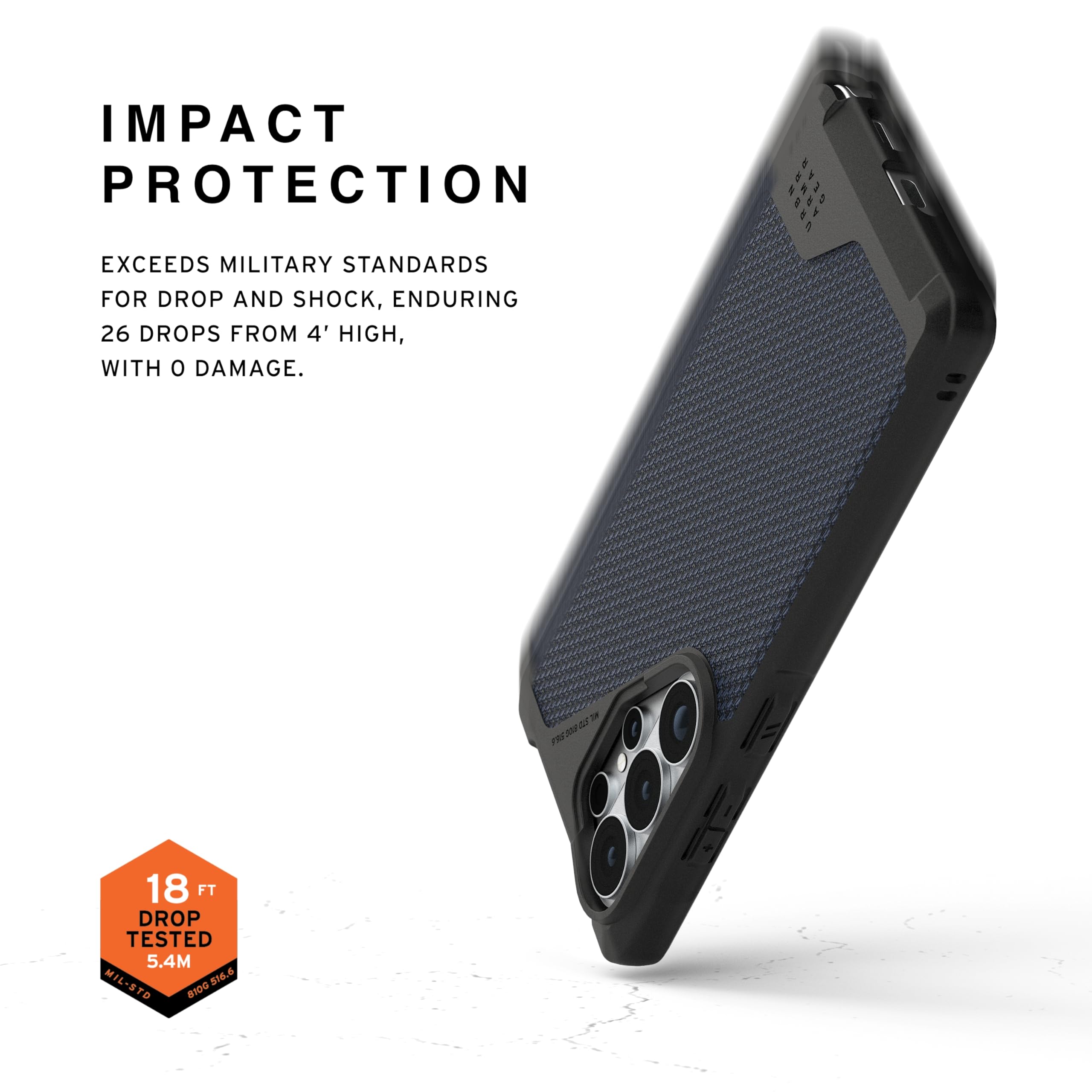 IMPACT PROTECTION

EXCEEDS MILITARY STANDARDS FOR DROP AND SHOCK, ENDURING 26 DROPS FROM 4' HIGH, WITH 0 DAMAGE.

18 FT DROP TESTED 5.4M - MIL-STD 810G