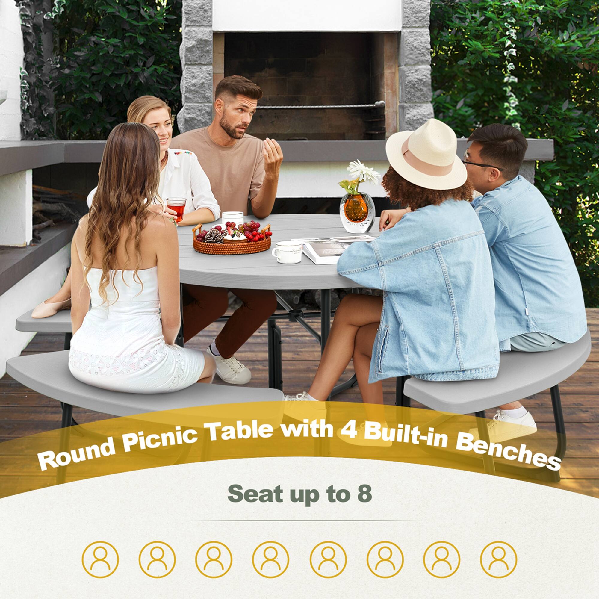 Round Picnic Table with 4 Built-in Benches  
Seat up to 8