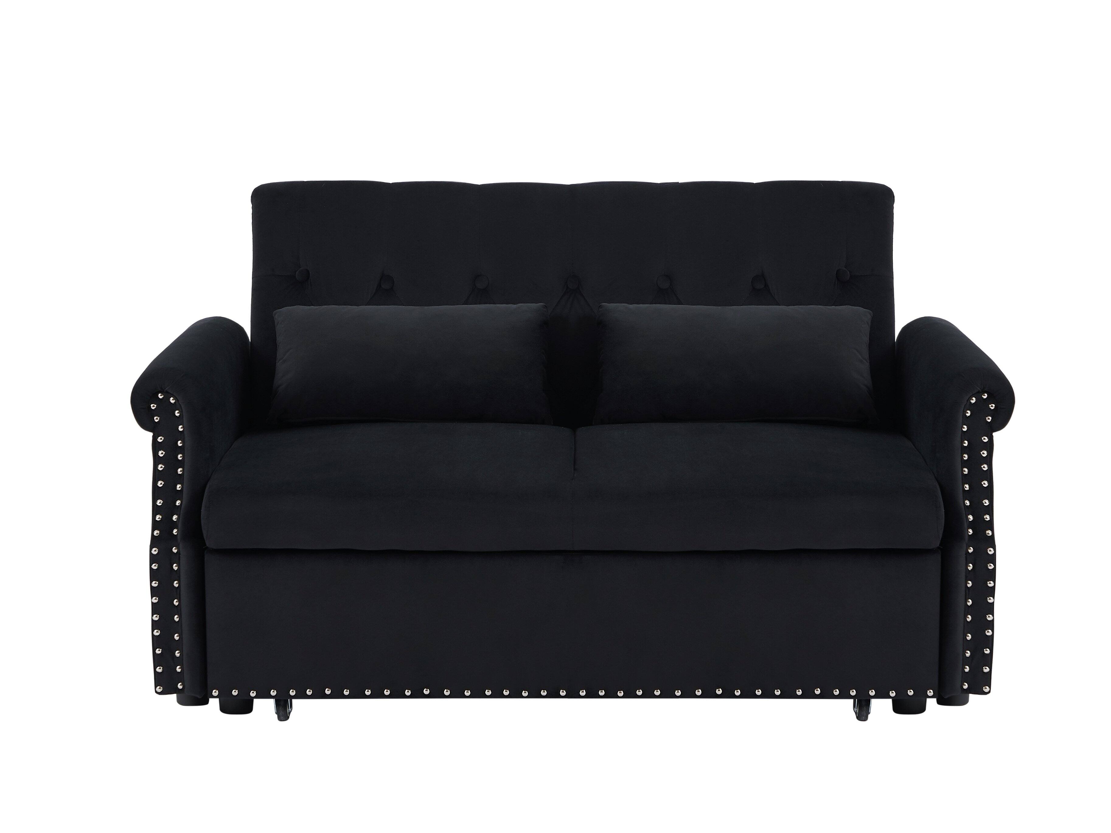 Alt View 6. Tiramisubest - Modern Velvet Convertible Loveseat Sleeper Sofa with 2 Lumbar Pillows,Adjustable Pull-Out Bed,Removable Armrest,Black - Black.