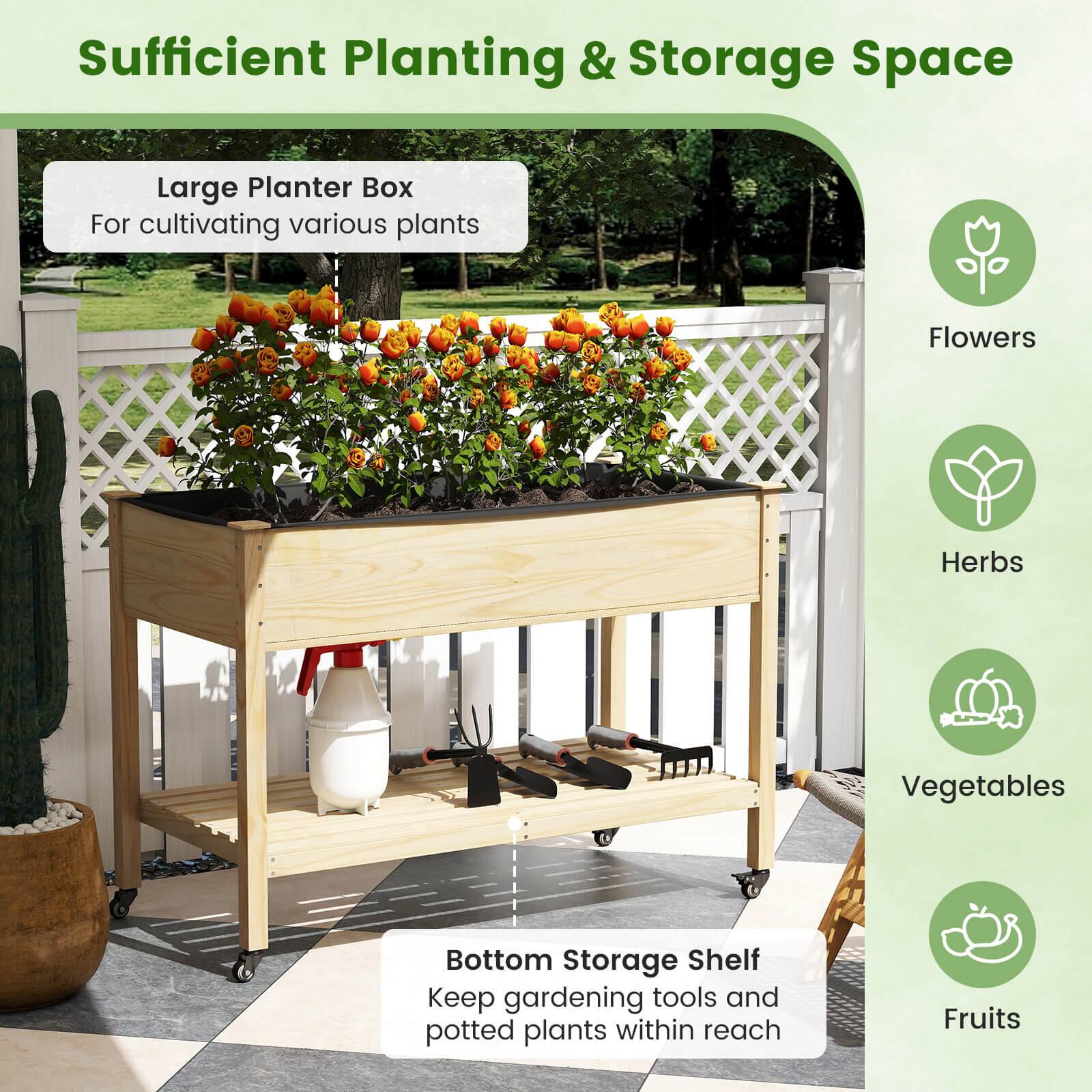 Alt View 7. Costway - Costway 1 PCS Wooden Raised Garden Bed with Legs, Lockable Wheels, Liner, Storage Shelf Drainage - Natural.