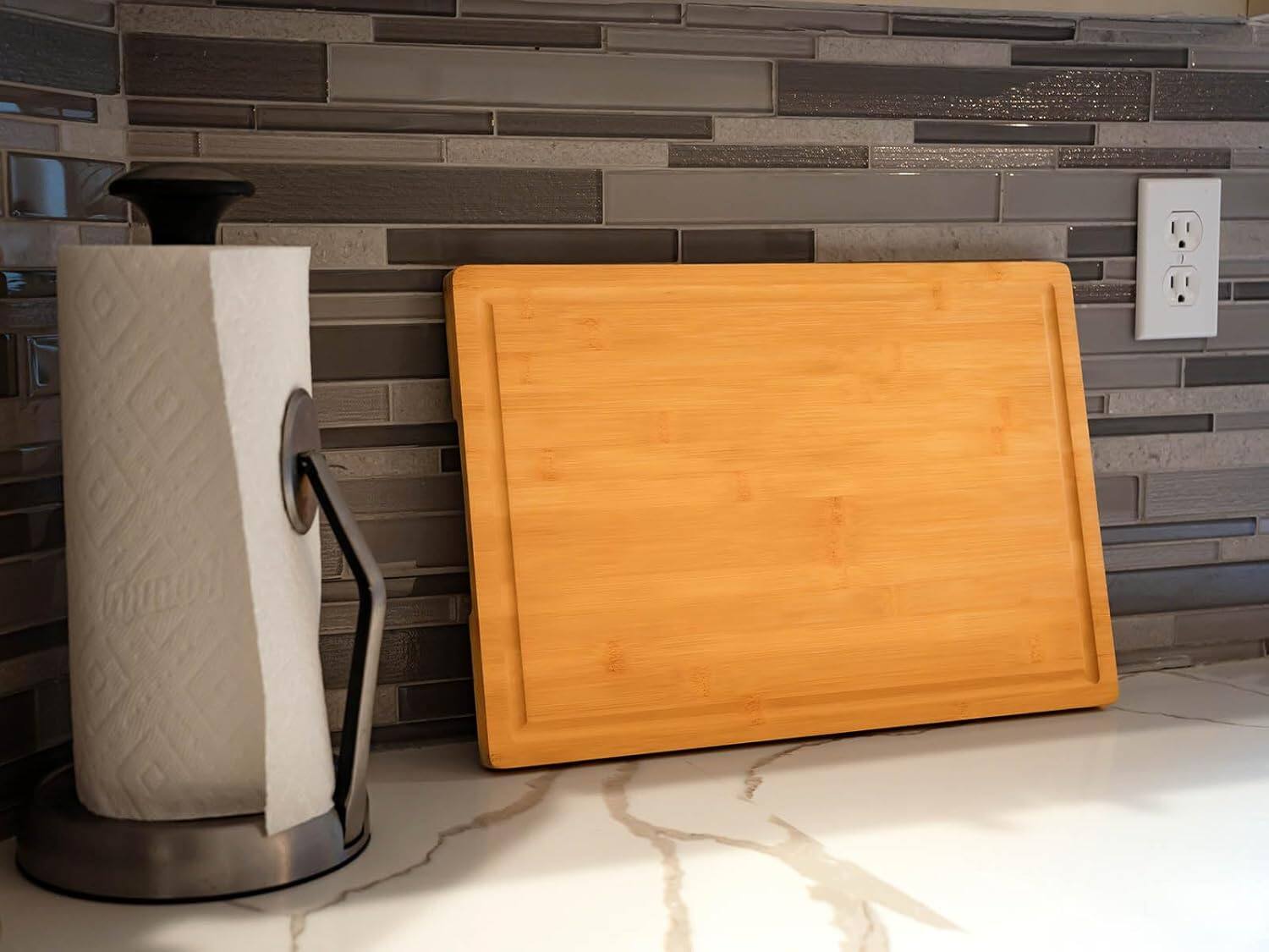 Alt View 2. PARKER SLATER - Bamboo Cutting Board, 18", Juice Grooves, Side Handles, Large Size.