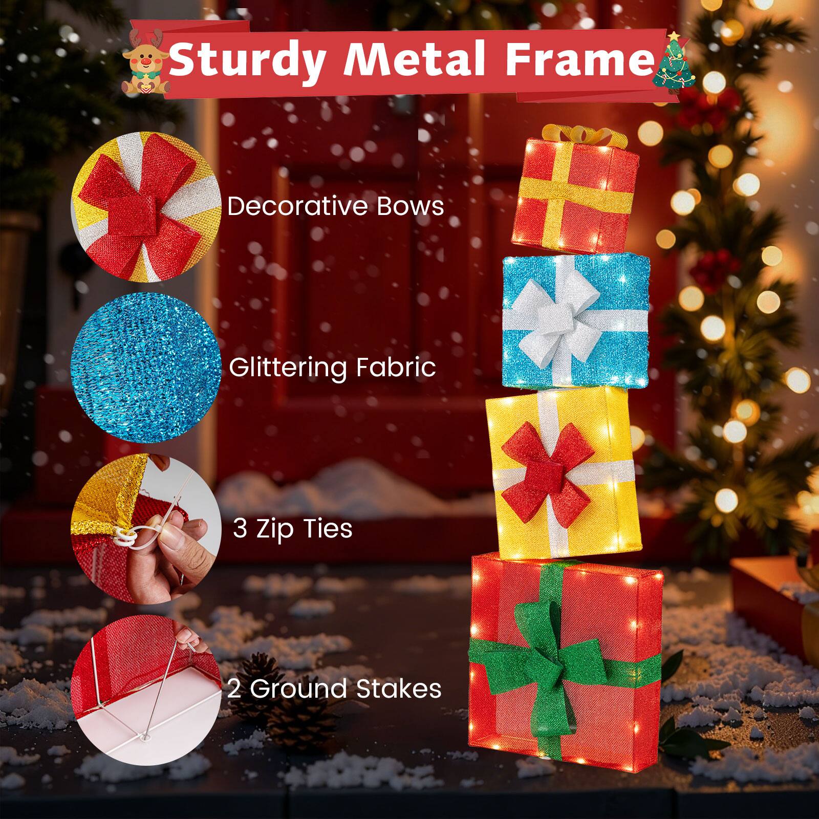 Sturdy Metal Frame  
Decorative Bows  
Glittering Fabric  
3 Zip Ties  
2 Ground Stakes